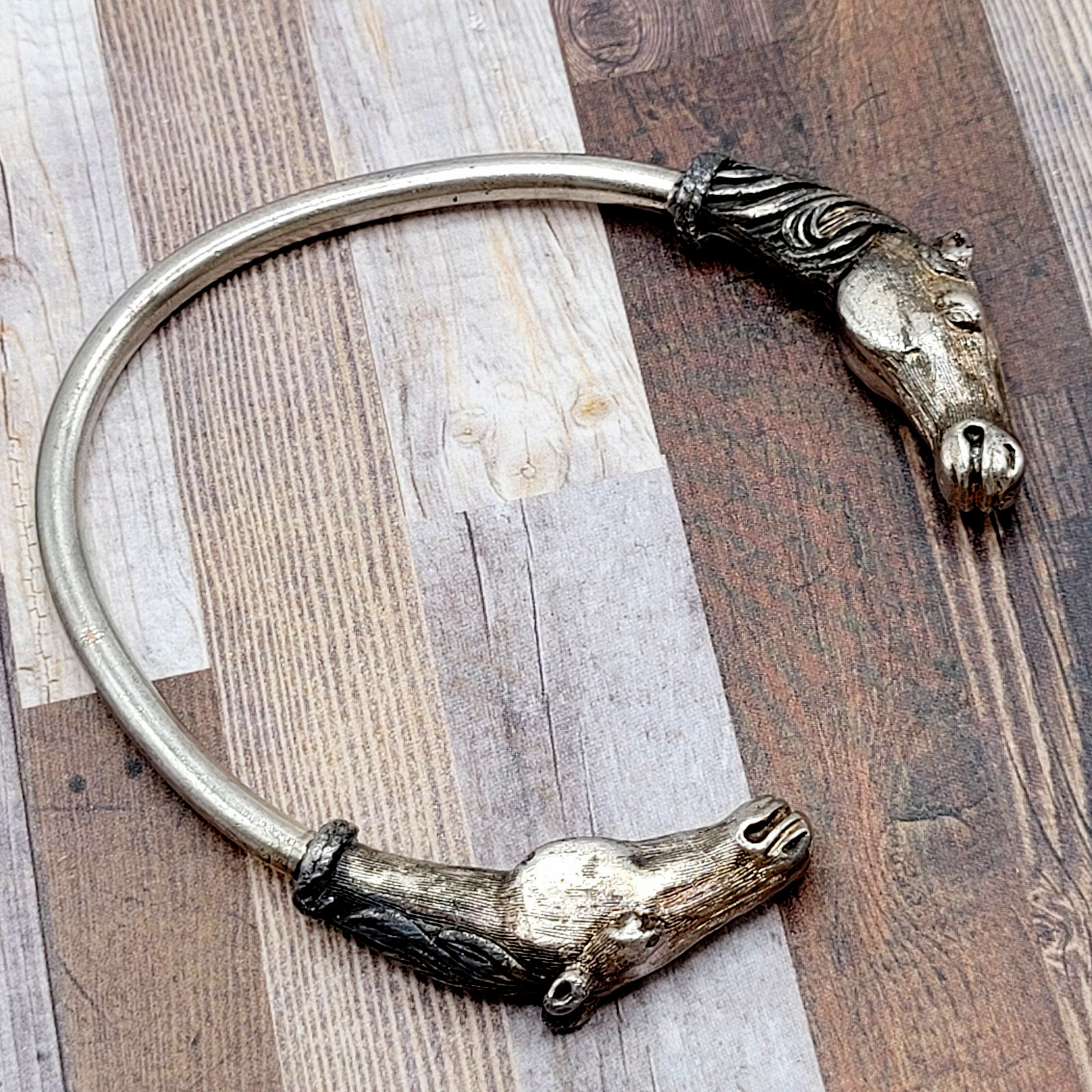 Double Horse Head Pewter Plated Copper w Patina Vintage 70s Torque Cuff Bracelet