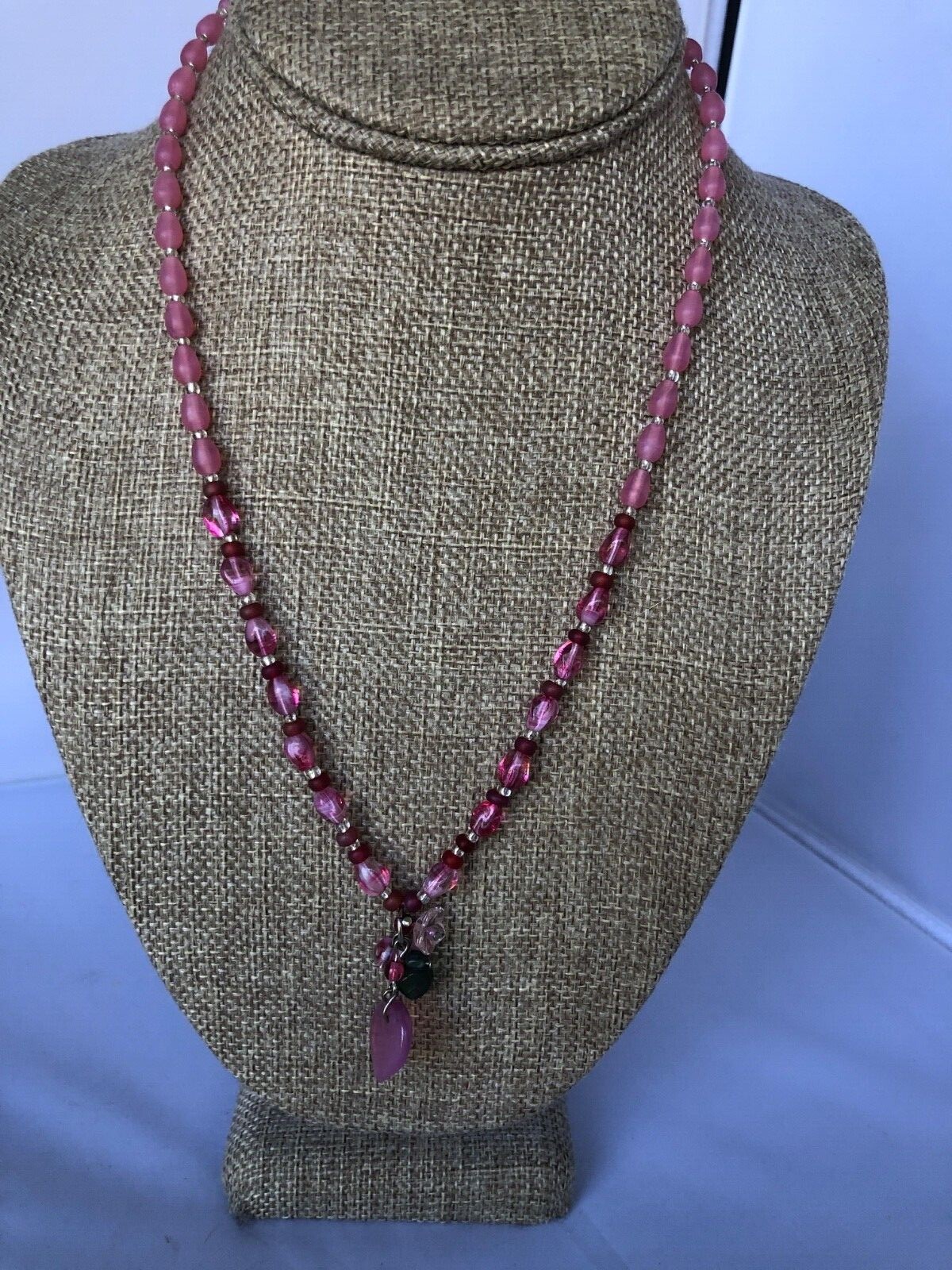 Beautiful, Delicate Pink Czech Glass Necklace with Hearts-and-Flowers Pendant
