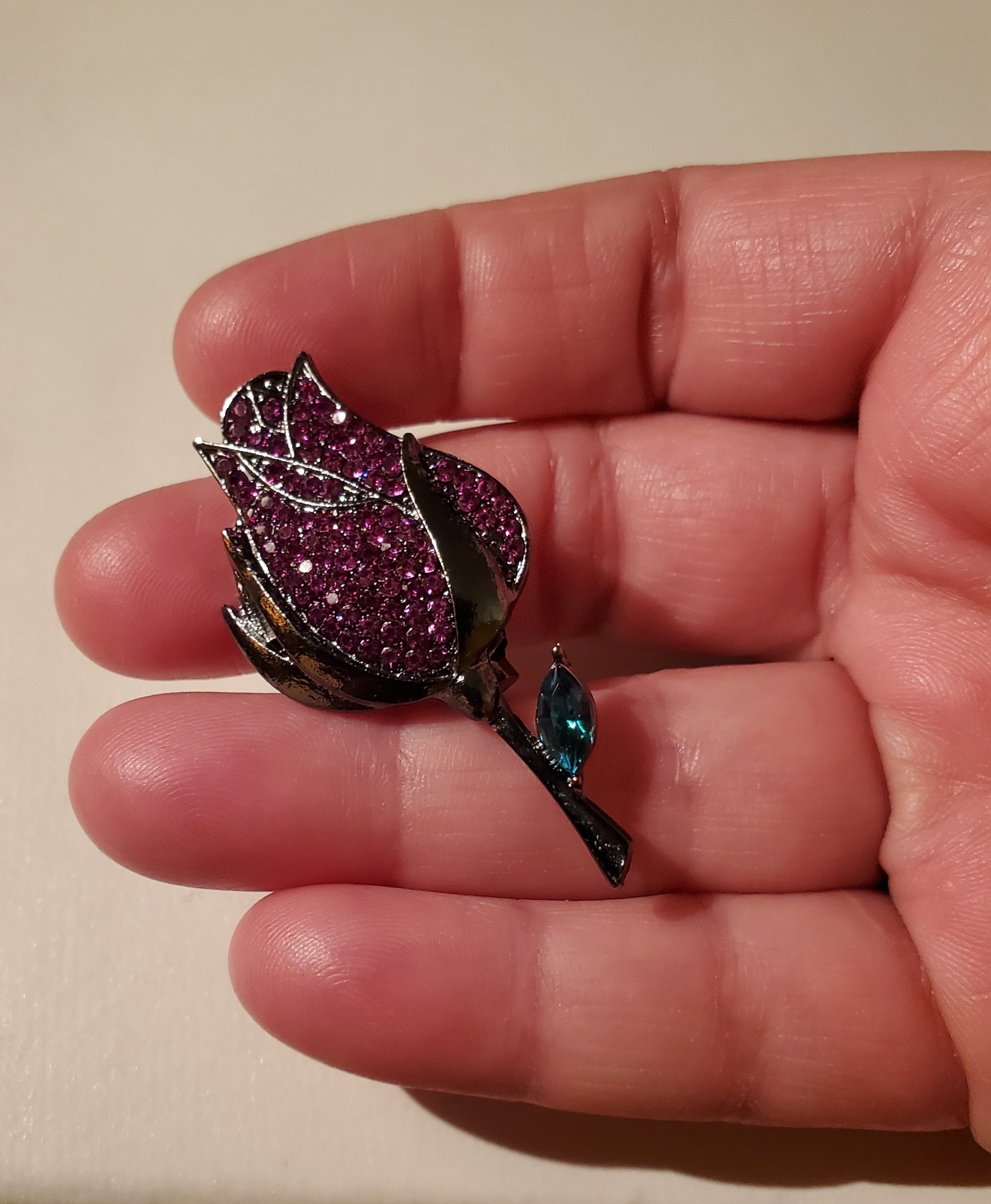Gunmetal Rose Brooch Pink Rhinestones Teal Accent Gothic Romantic Dark Magic