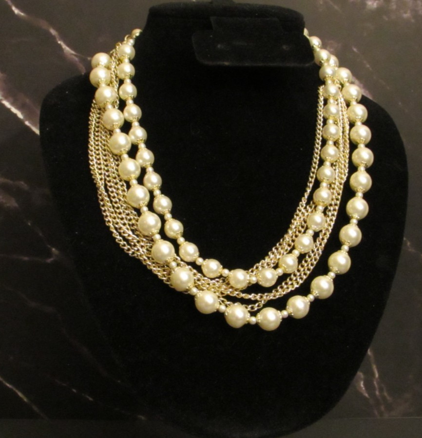 Multi Strand Choker with Faux Pearl Beads and Silver Tone Chains
