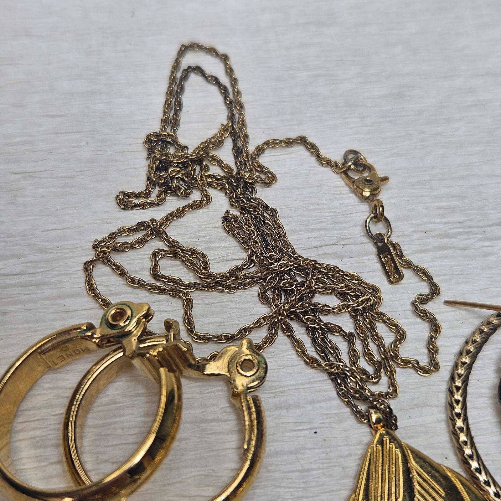 Monet Gold Charm Holder on Chain Braided Leather Hoop Earrings Rhinestone Brooch