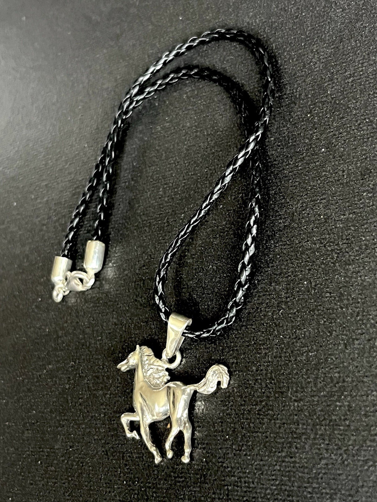 925 Signed Running Horse Pendant On black Leather Cord
