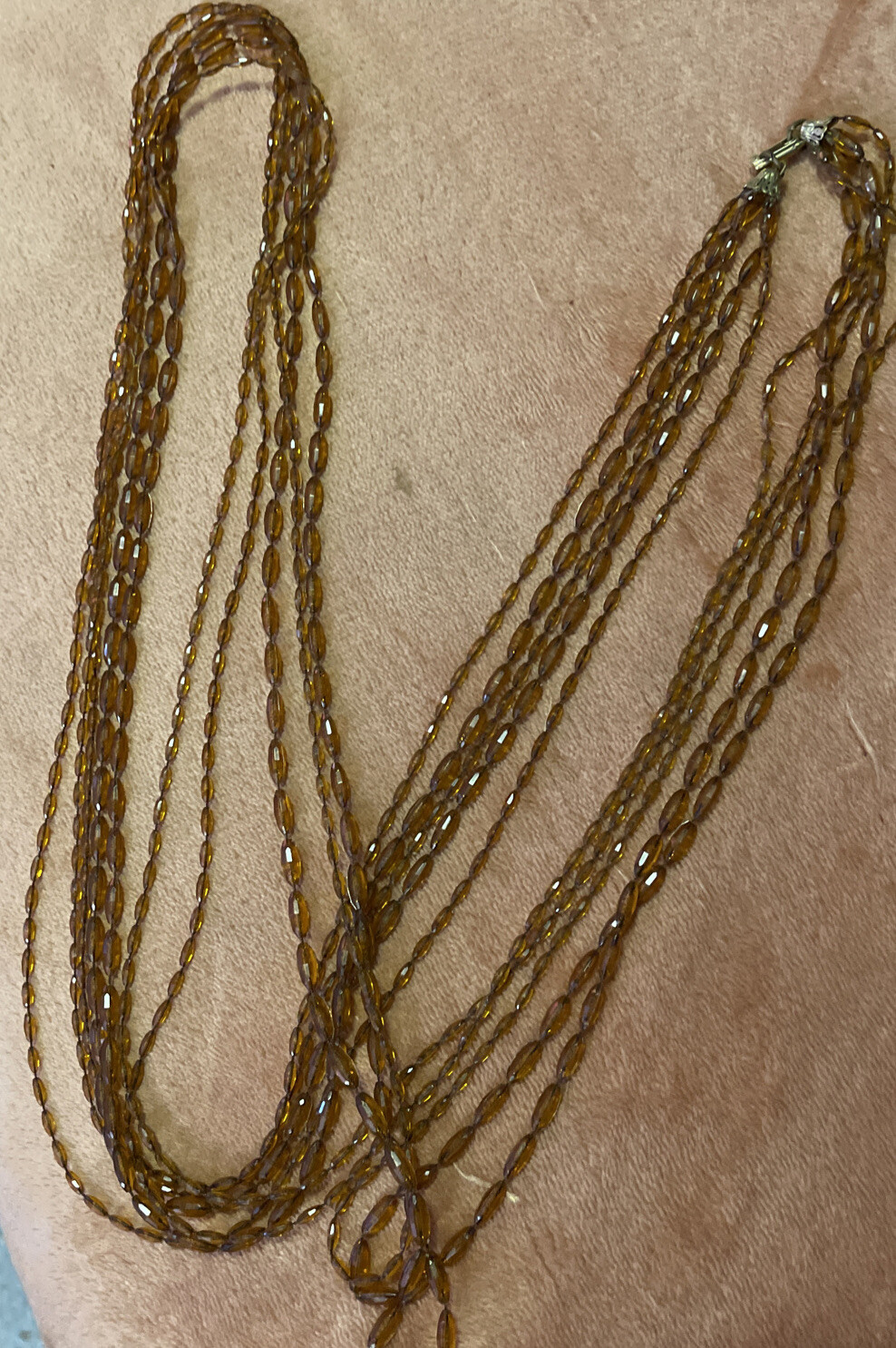 Vintage Necklace 52” 5 Strand Rootbeer Color Beads Different Shapes Wrap A Round