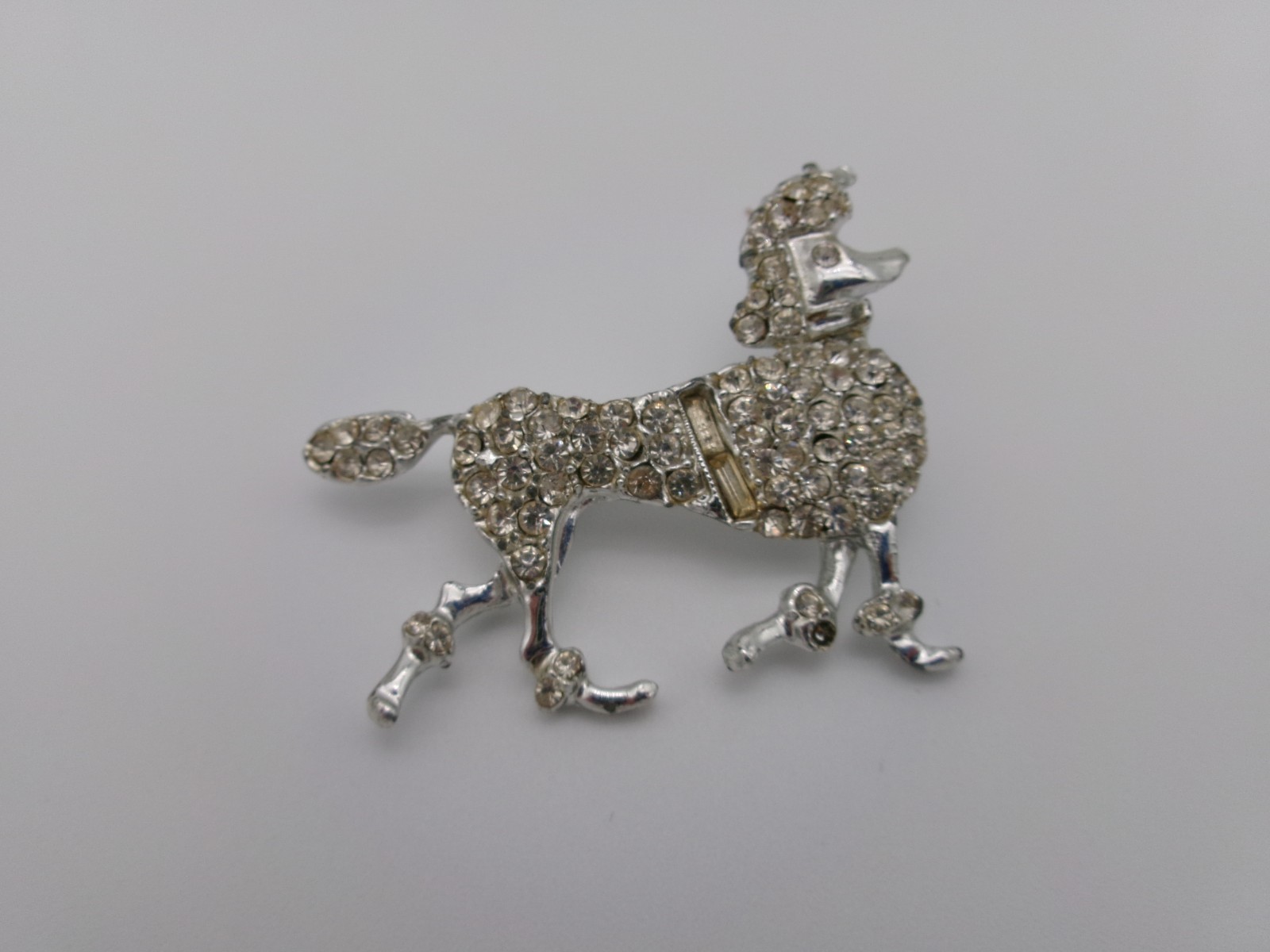Vintage Poodle Dog Brooch Pin Mid Century Modern Rhinestones SIlvertone Unsigned