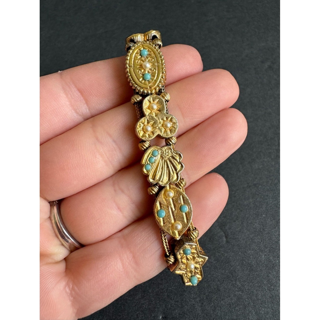 Vintage Victorian Revival Slide Charm Bracelet 60s Sweetheart Lucky Gold Tone