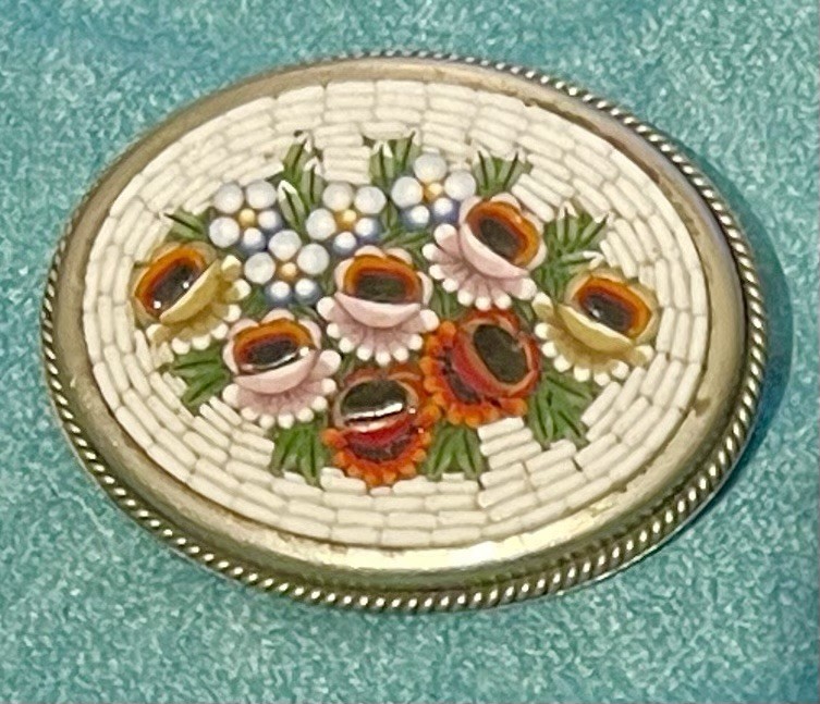 Vintage ALP Italy Micro Mosaic Floral Bouquet Design Brooch Pin Oval 1 5/8″☚☚☚💐