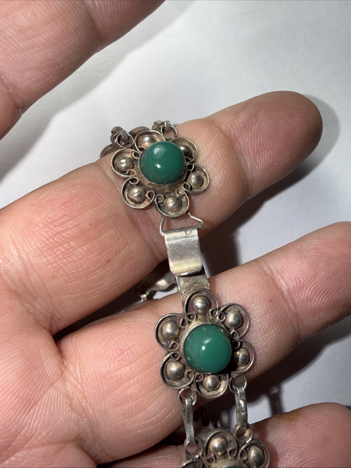 bracelet Taxco Mexico 980 Silver Better Than 925 Sterling Green Onyx Vintage 7.5