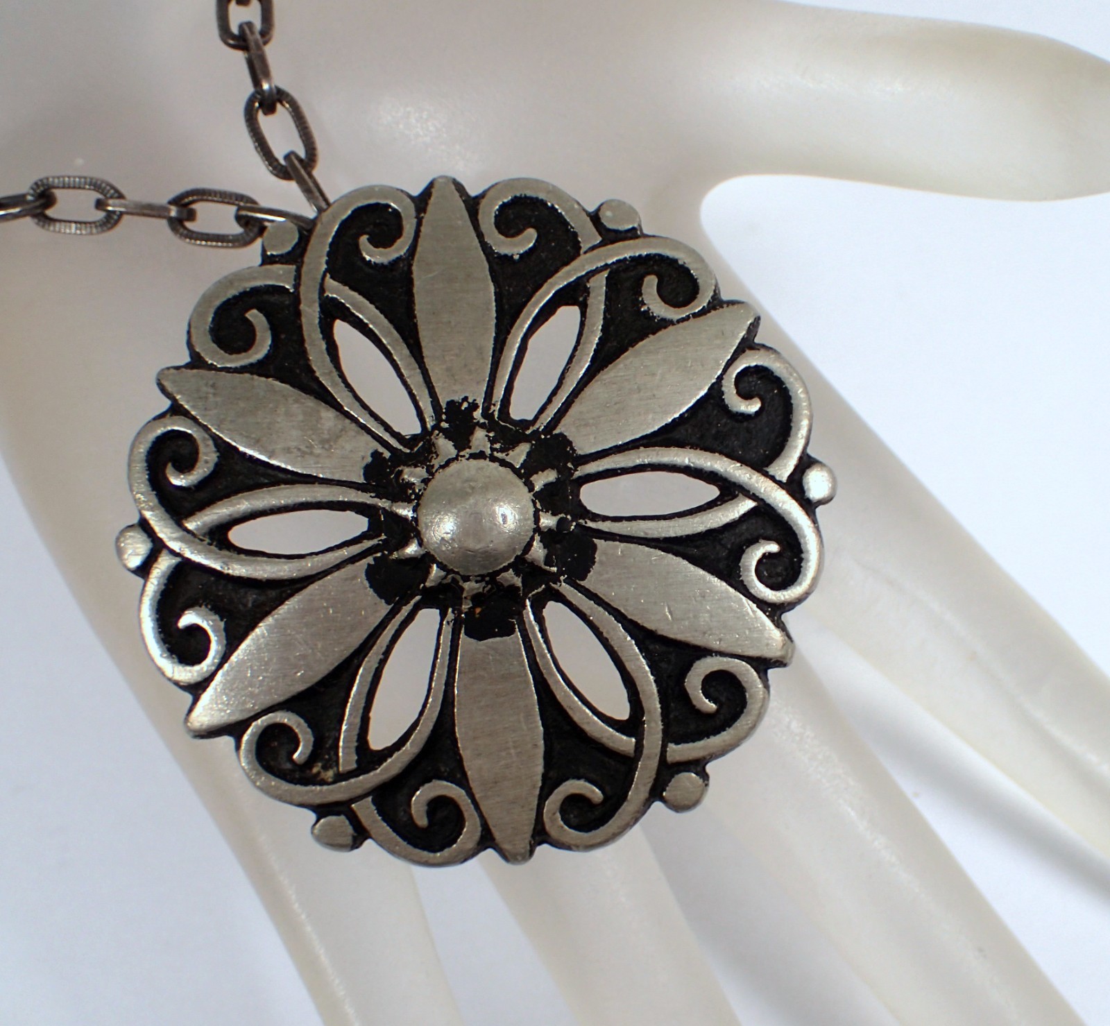 HUGE Vtg MCM Borje Tennung Sweden BT T9 Pewter Flower Brooch Pendant Necklace
