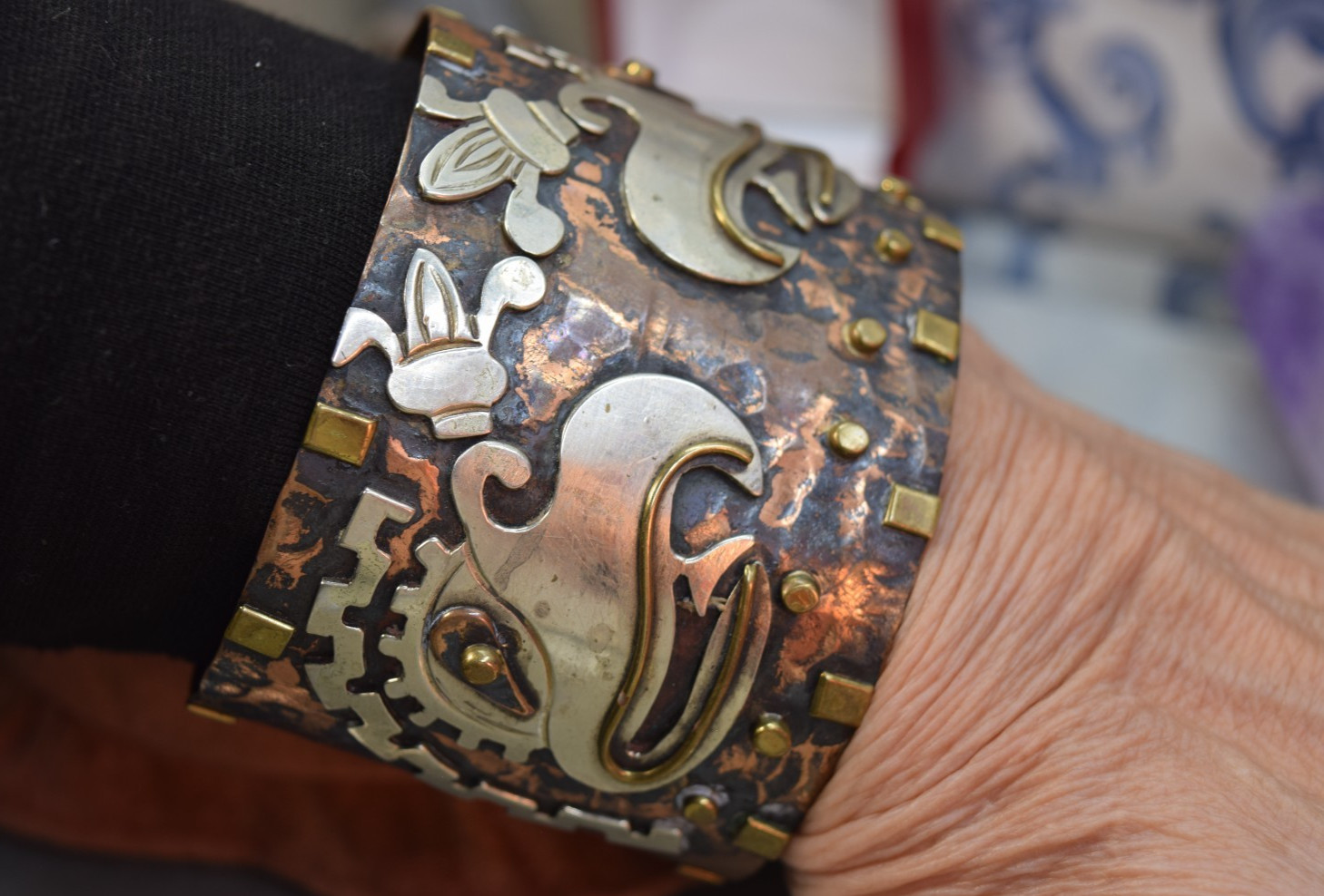 Vintage Mexico Mixed Metal Huge Aztec Bracelet Sterling Copper Brass 8″