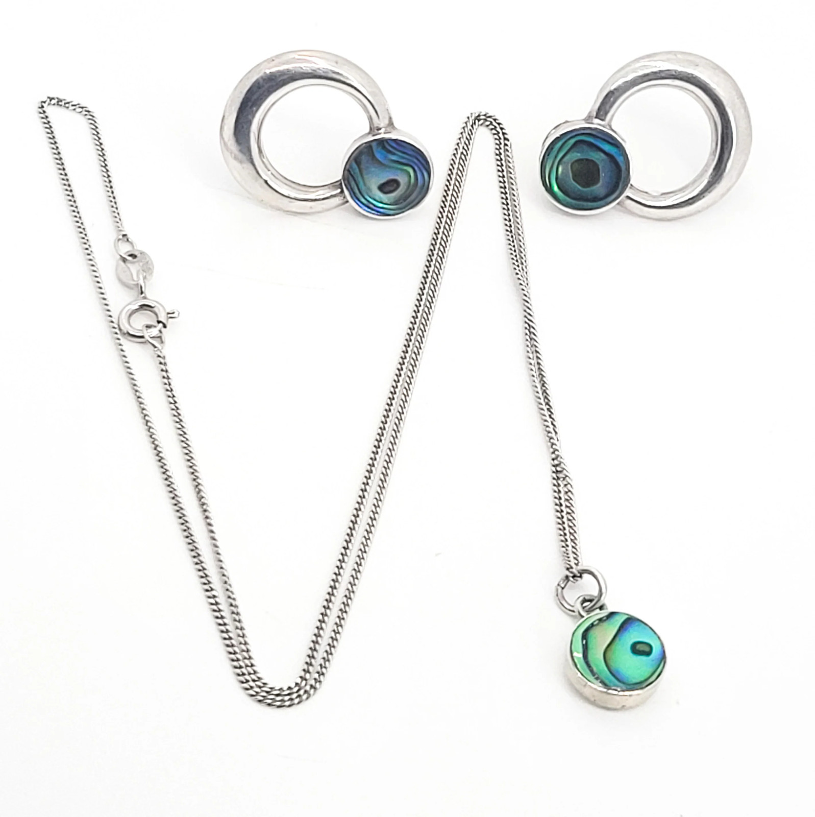 STG Abalone Paua shell sterling silver hoop earrings and pendant necklace set
