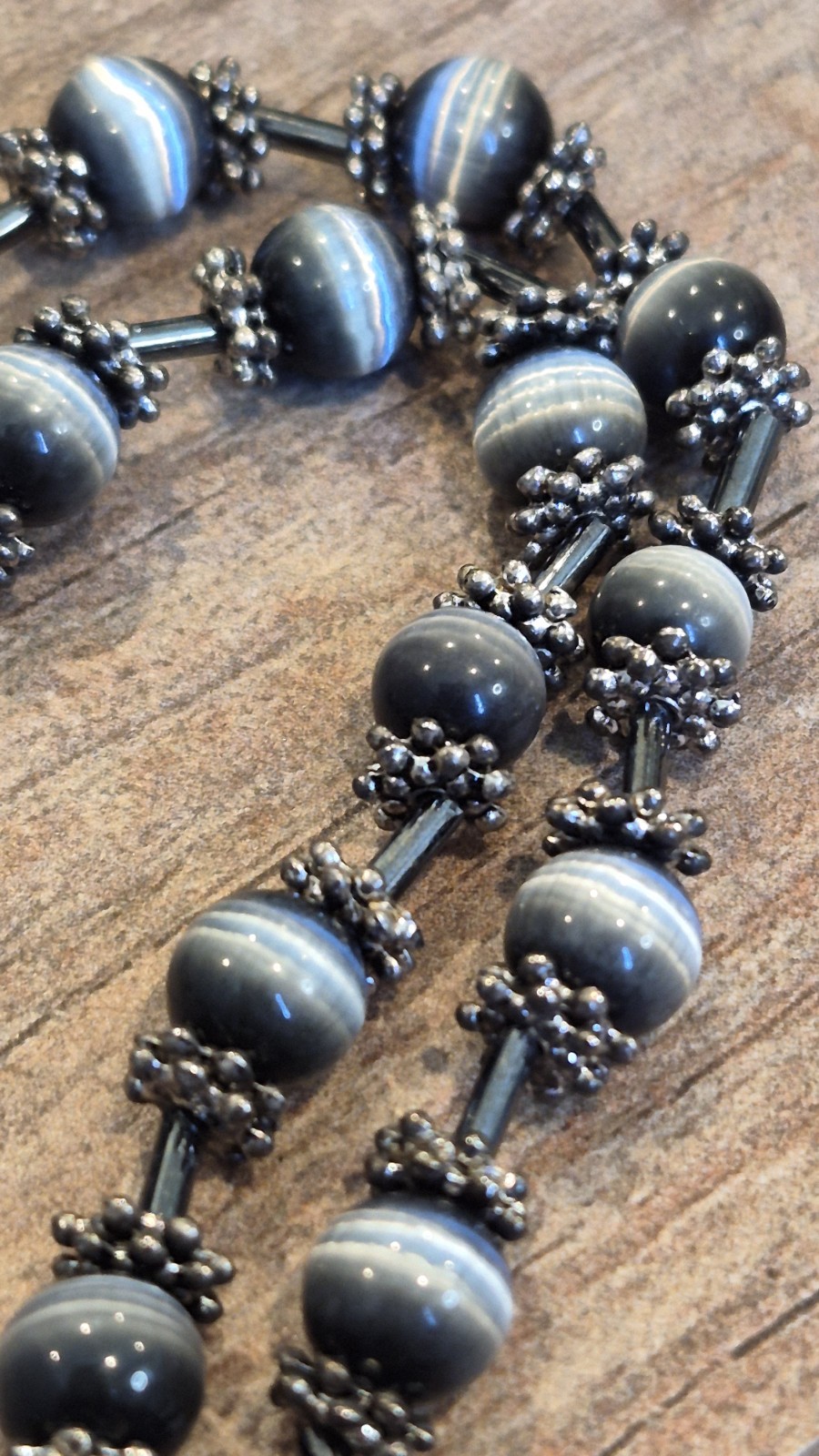 Vintage Glass Bead Necklace w/ Intricately Detailed Spacers, Toggle Closure