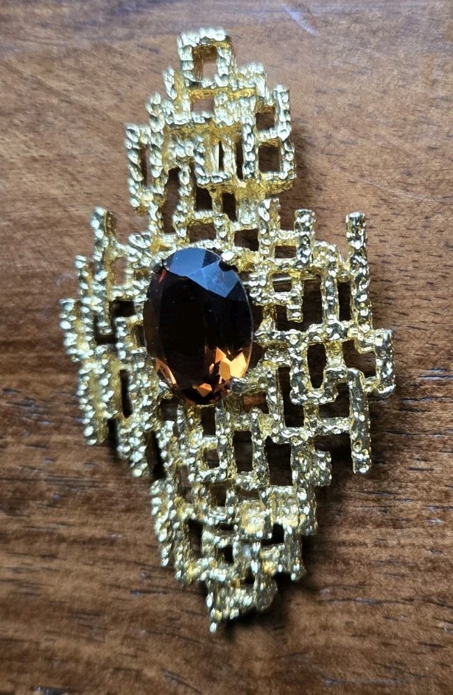 RARE PANETTA Brutalist Gold Brooch Pendant Smoky Quartz 1960s Beneditto Panetta
