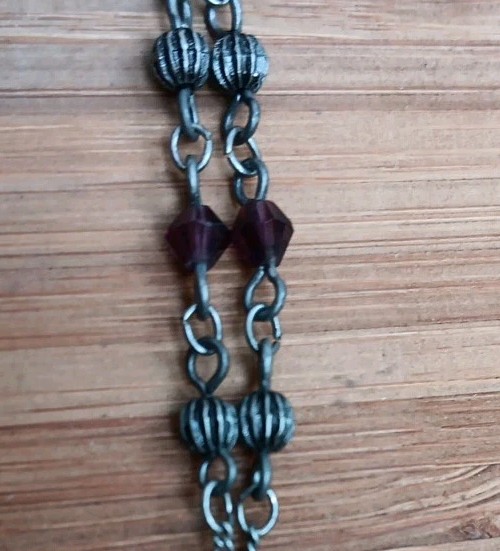 Vintage gunmetal pendant W/ pink rhinestones & purple/pink bead accents, 18-21″
