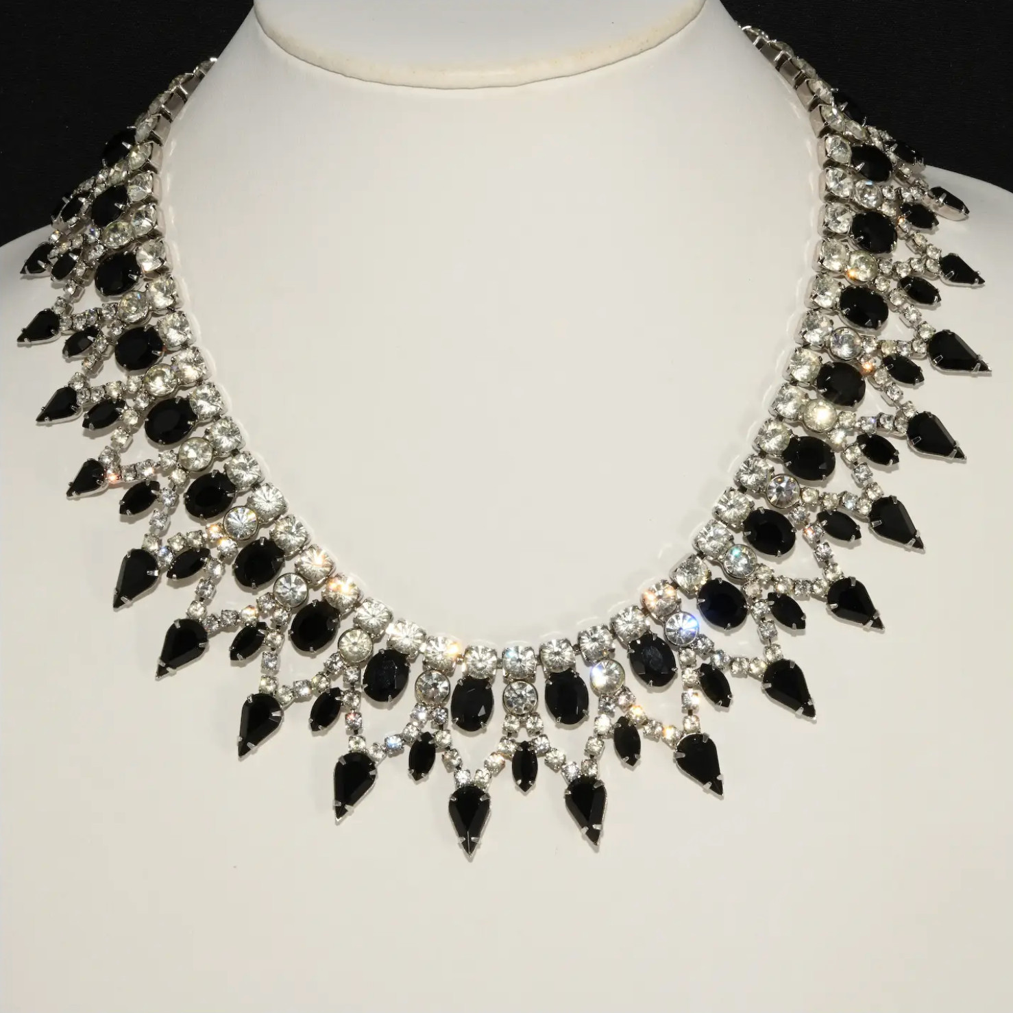 VTG Dominique Collar Necklace Opaque Black & Clear Rhinestones Crystals