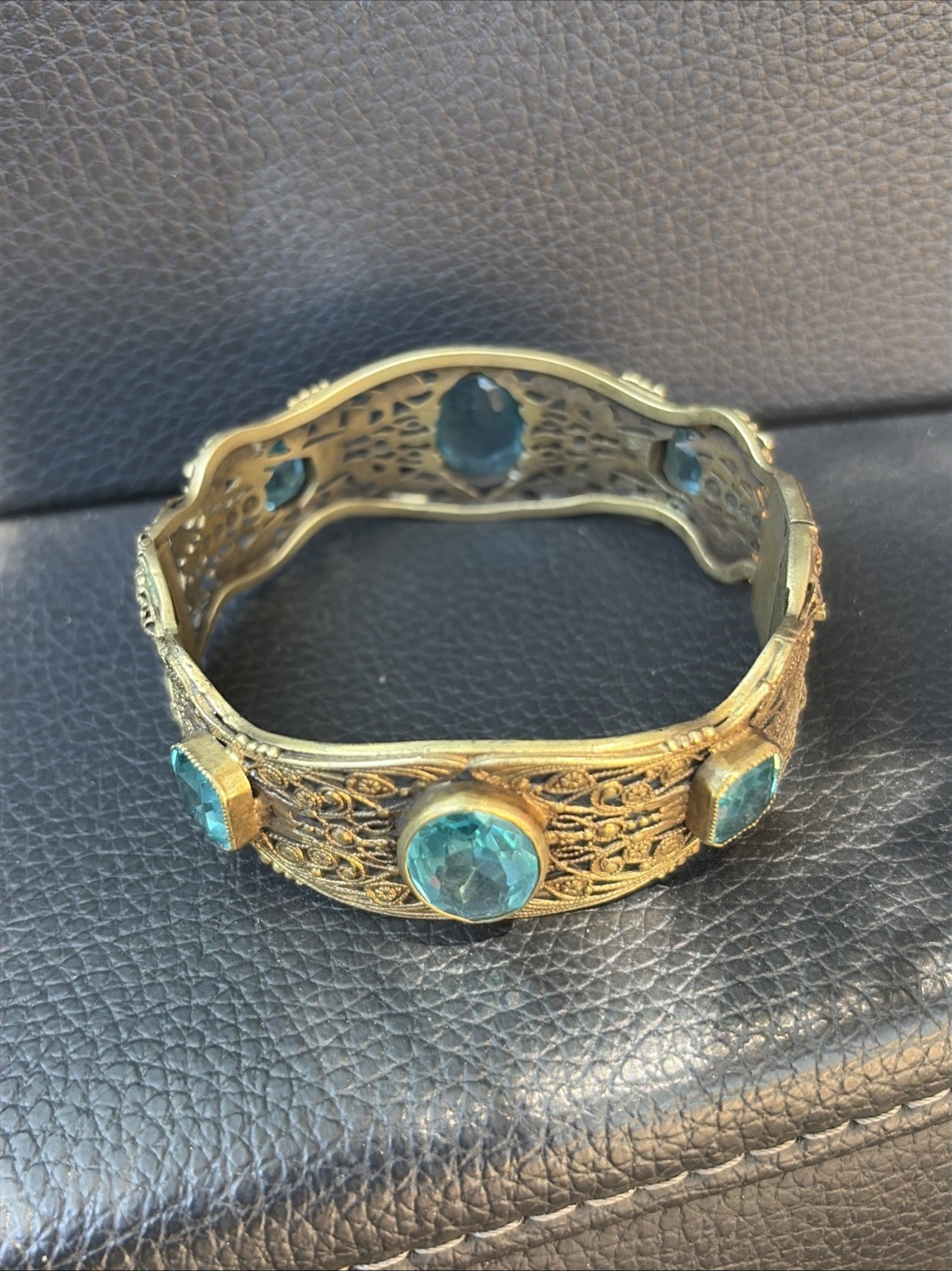Vintage Brass Cuff Bracelet Blue Stones and Fine Filigree Design