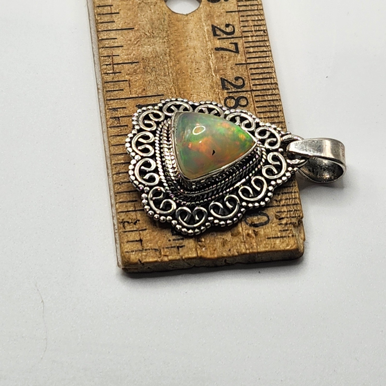 Vintage 925 Sterling Silver Ethiopian Opal Trillion Filigree Pendant