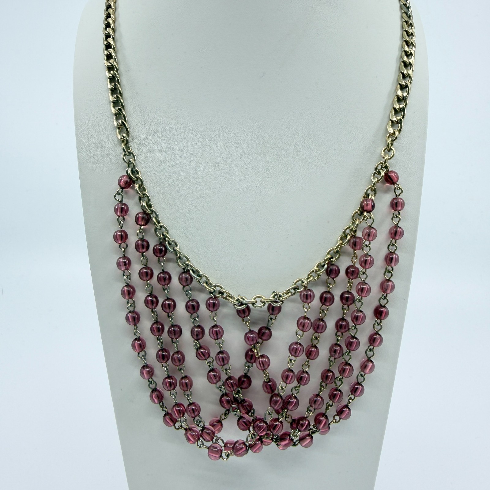 Necklace Vintage Gold Tone Pink Purple Bead Multi Strand Draped Statement Boho