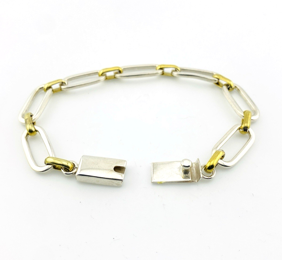 Mexico Sterling Silver Brass Link Bracelet Mixed Metal Chunky Chain 6.75 Inches