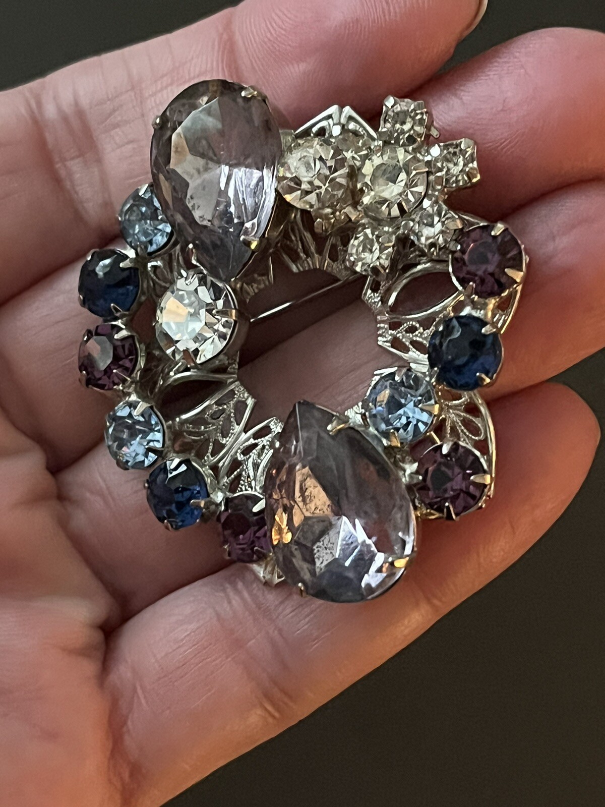 Vintage Blue Purple Rhinestone Silver Tone Prong Set Statement Brooch Pin
