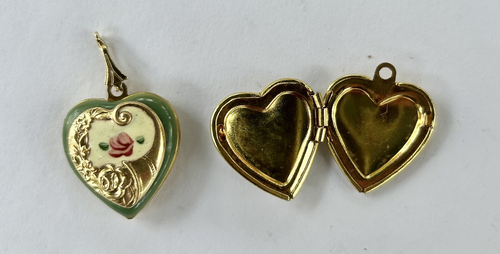 2 Vintage Enamel Heart Locket, Cornucopia, Floral 14k Gold Plated, Hand painted