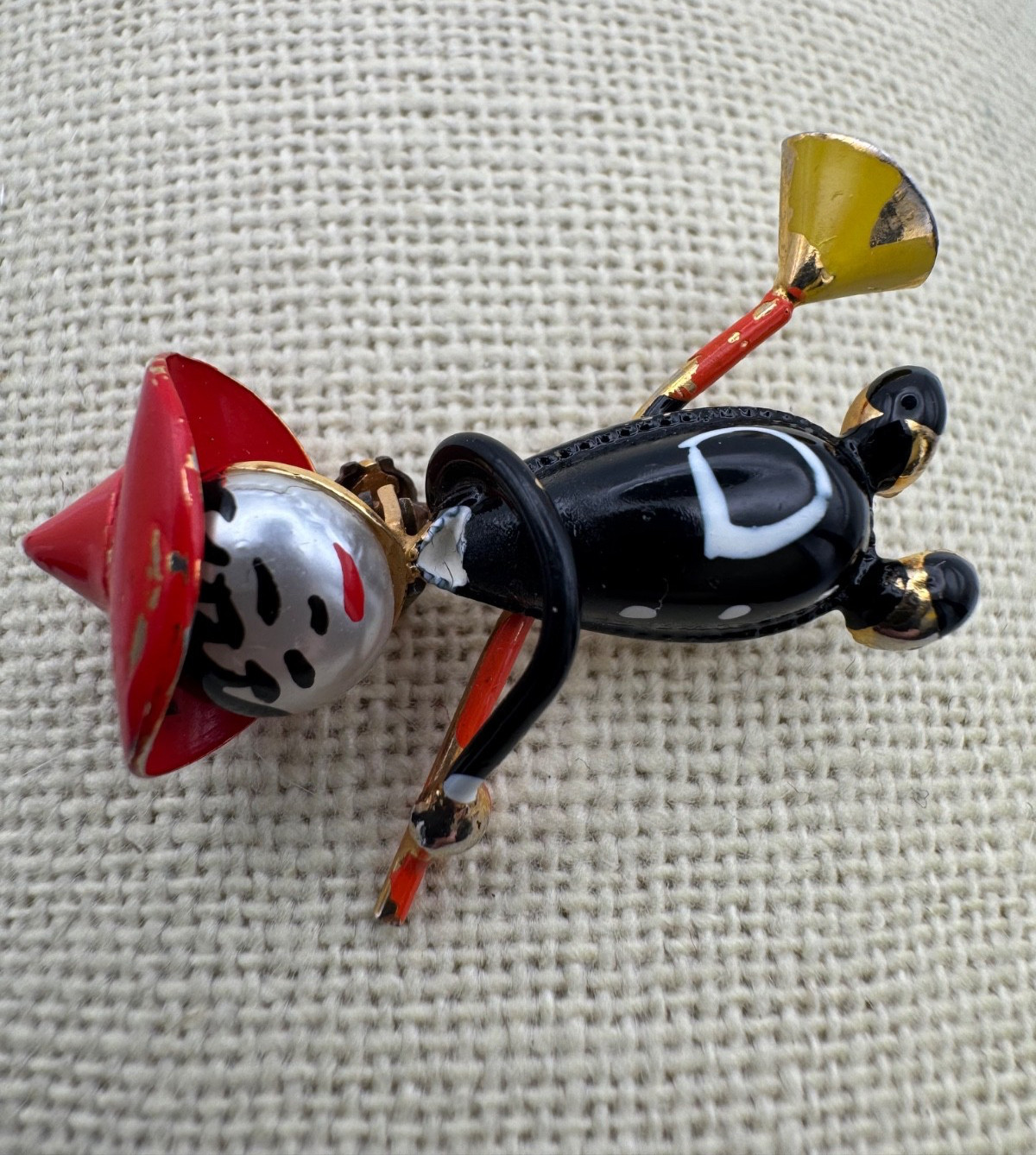 Vintage Halloween Witch Brooch Pin Red Hat Black Dress Broom Figurine