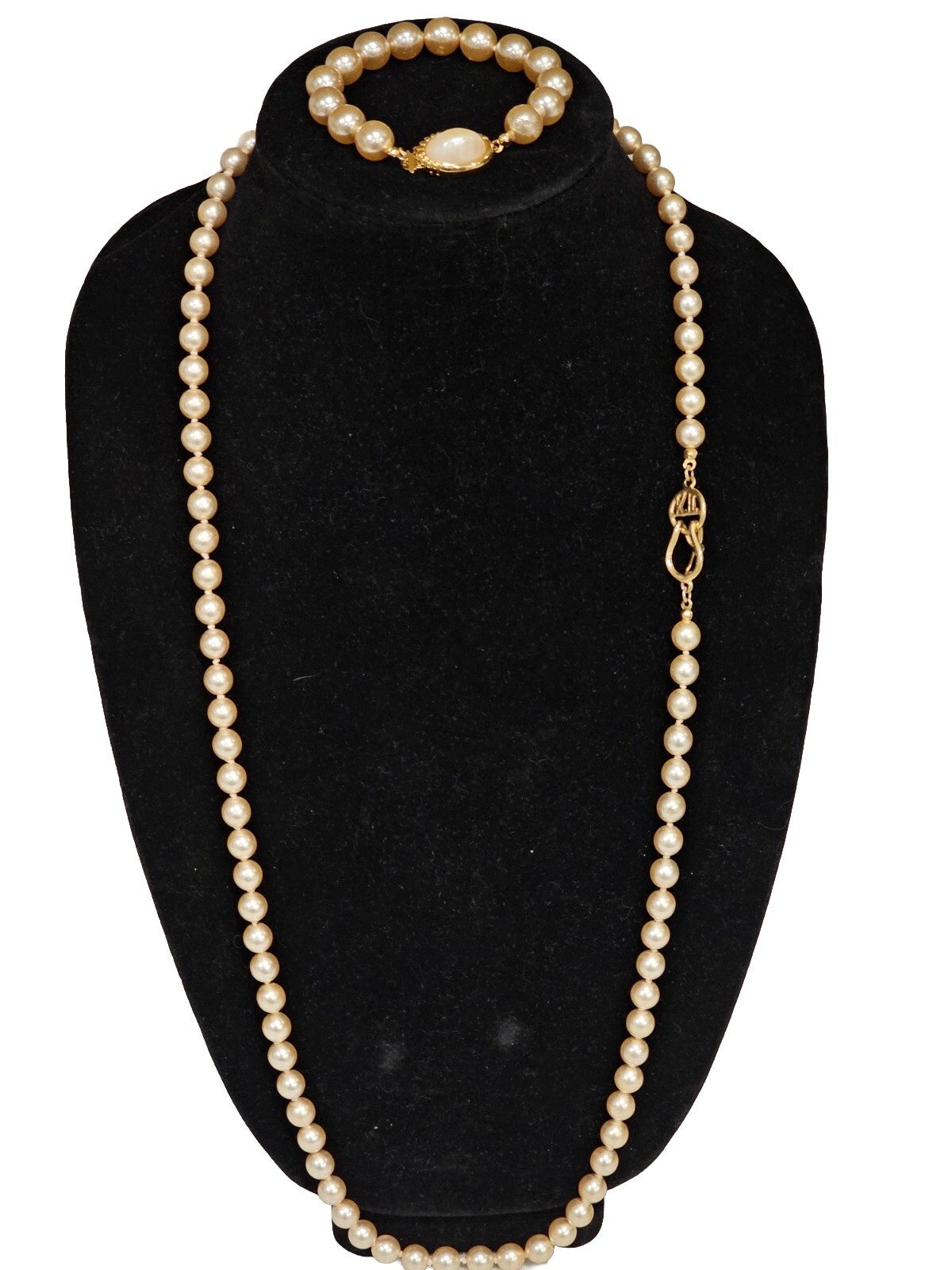 Kenneth J Lane Vintage Signed Faux Pearl Gold Filled Necklace with Bracelet Set