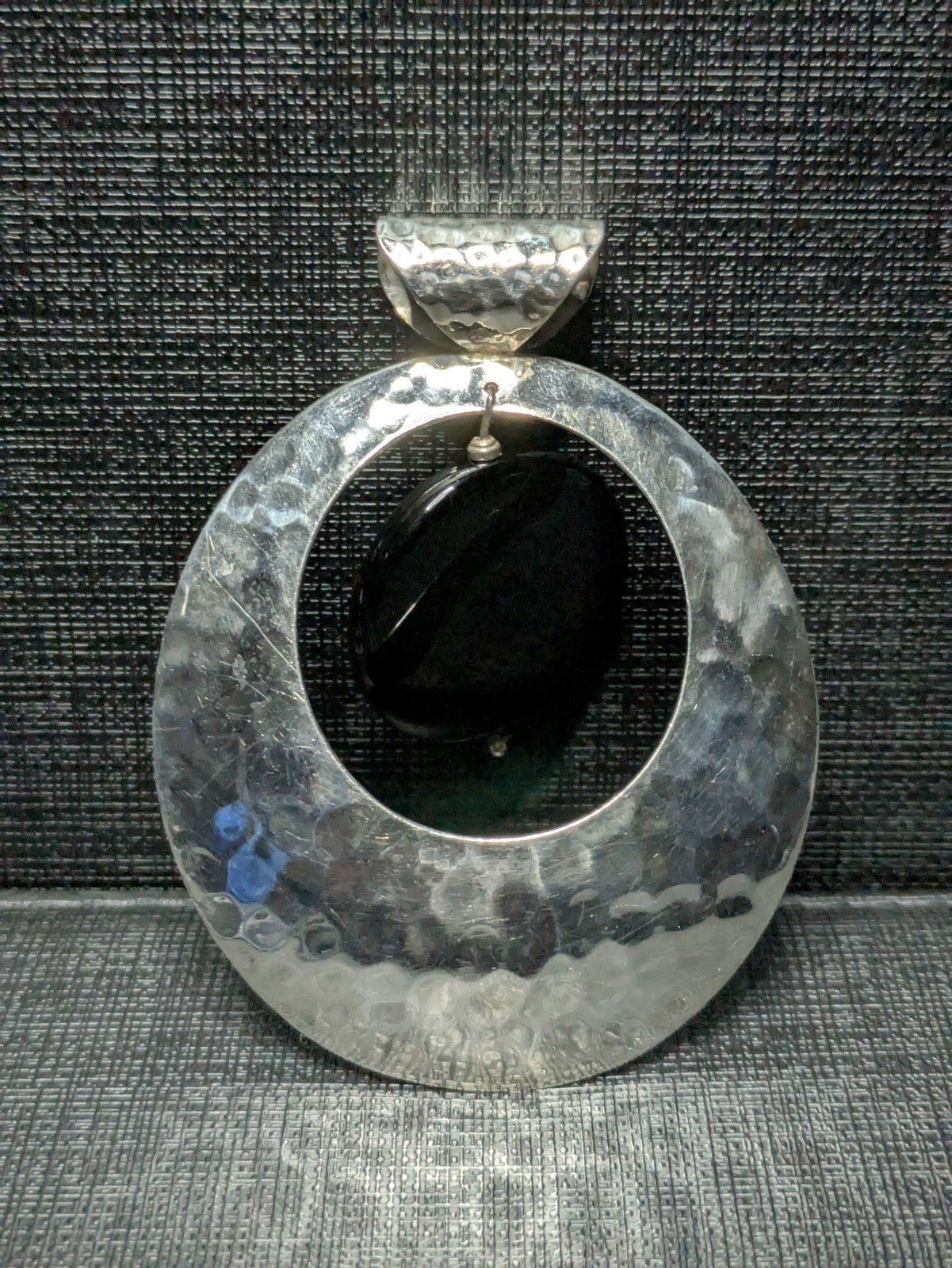 Vintage Dominique Dinouart 925 Silver Pendant Hammered Onyx Dangle Taxco Mexico