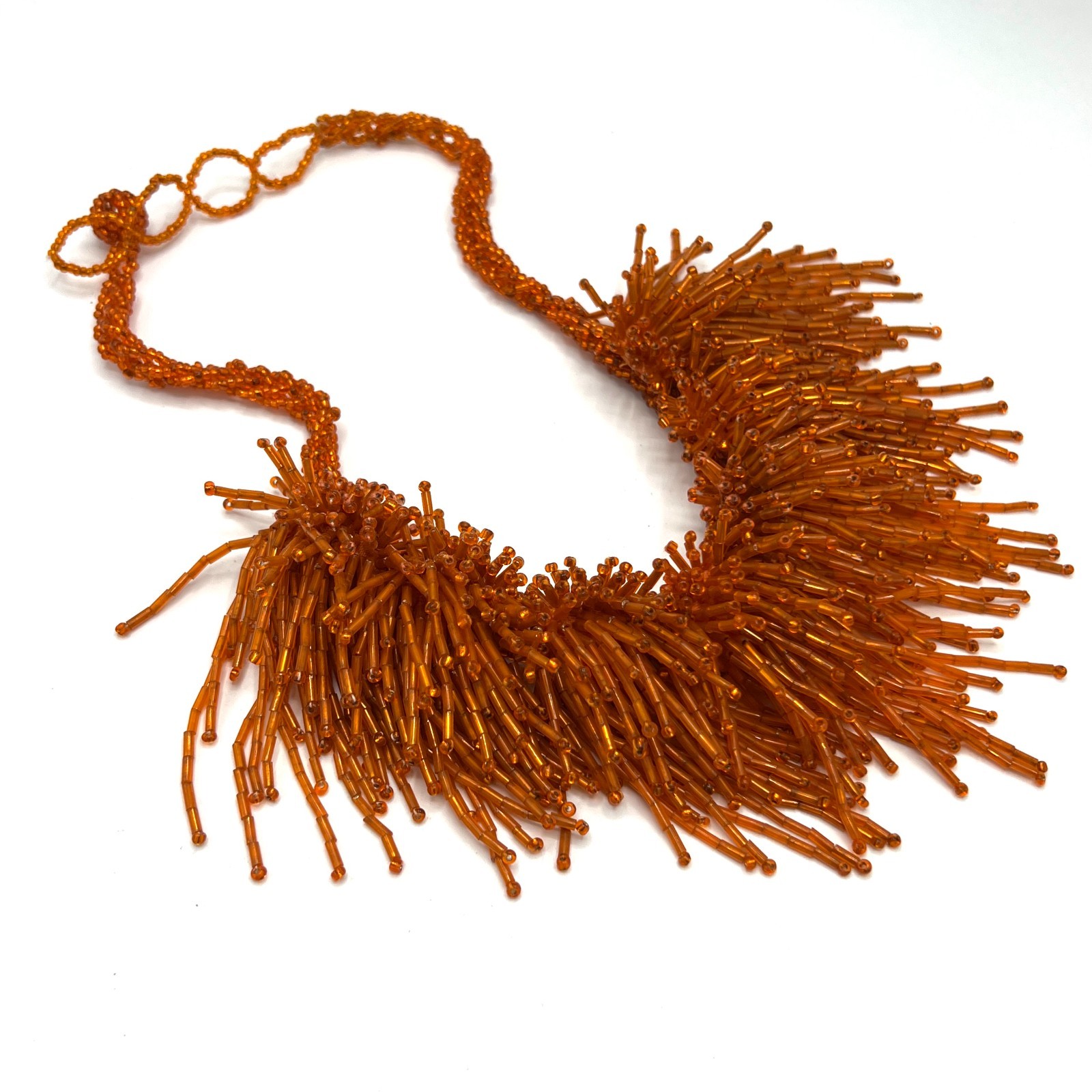 Vintage Orange Glass Beaded Fringe Necklace – Pom Pom Bib Statement Necklace