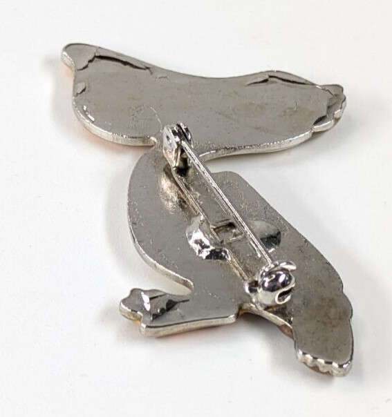 Vintage Cute Enamel Brown & White Pelican Bird Silver Tone Brooch Pin 2″