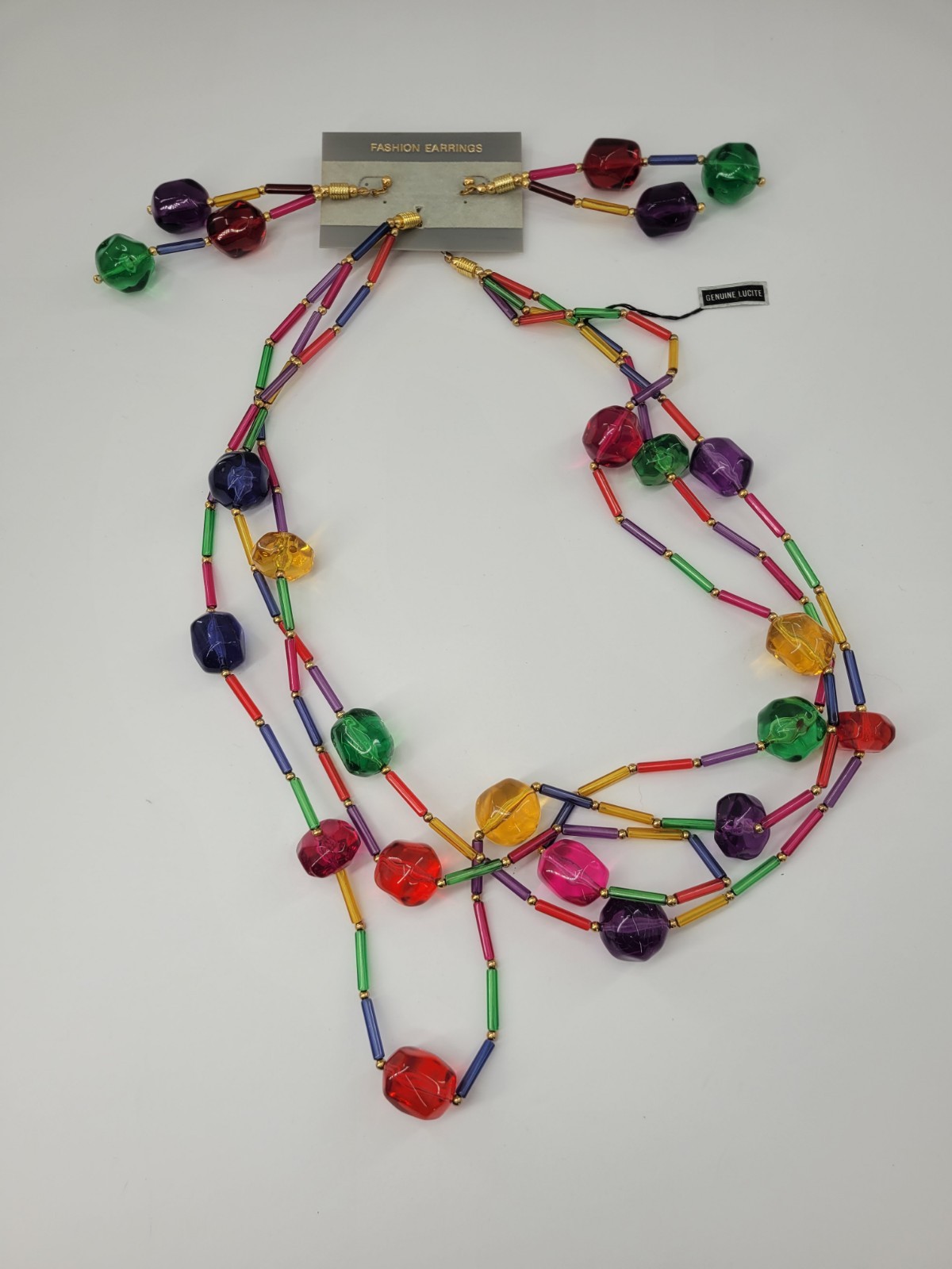VINTAGE MULTI-COLOR ROUND LUCITE BEADED NECKLACE EARRINGS SET Pastel New On Card