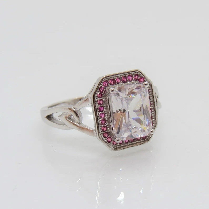 3.5 Ct Radiant Cut Ring Ruby Halo Sterling Silver Art Deco Unique Statement Gift