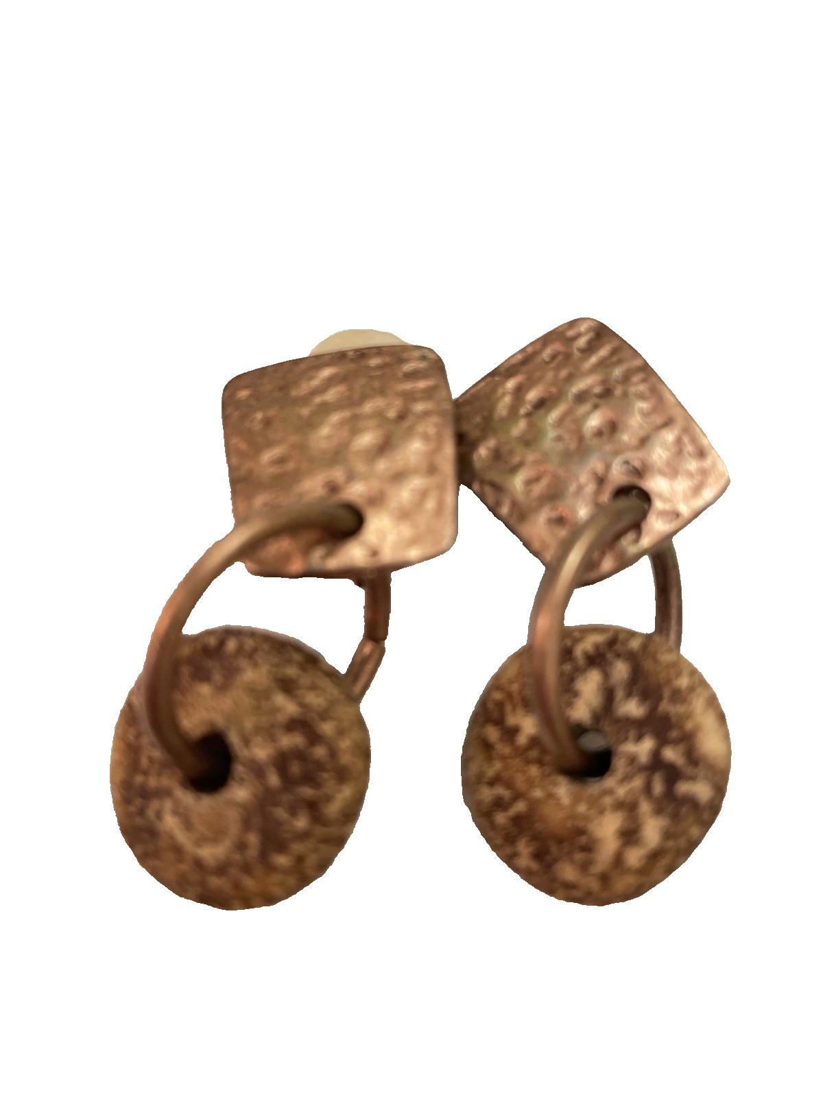 Norma Jean Earrings Drop Dangle Hammered Coppertone Metal & Disc Clip-on Signed