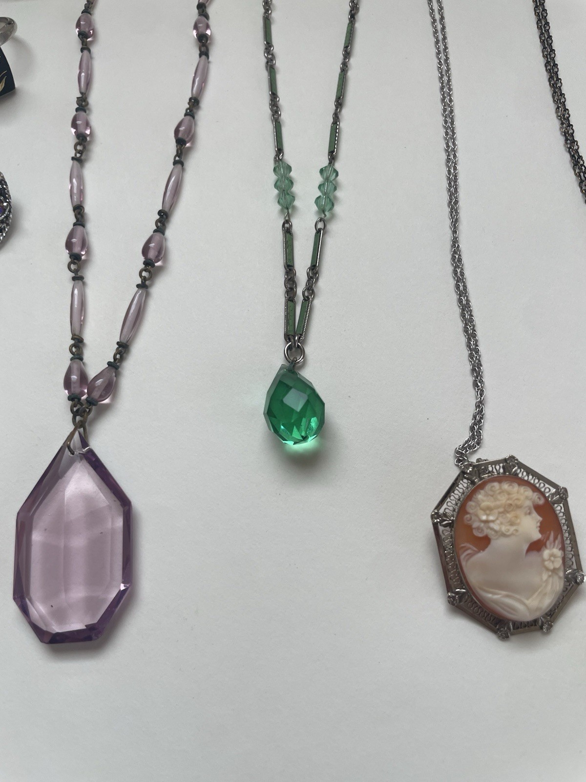 Art Deco Vintage Cameo Amethyst Jewlrey Lot Glass Beaded Necklace Ring Brooch