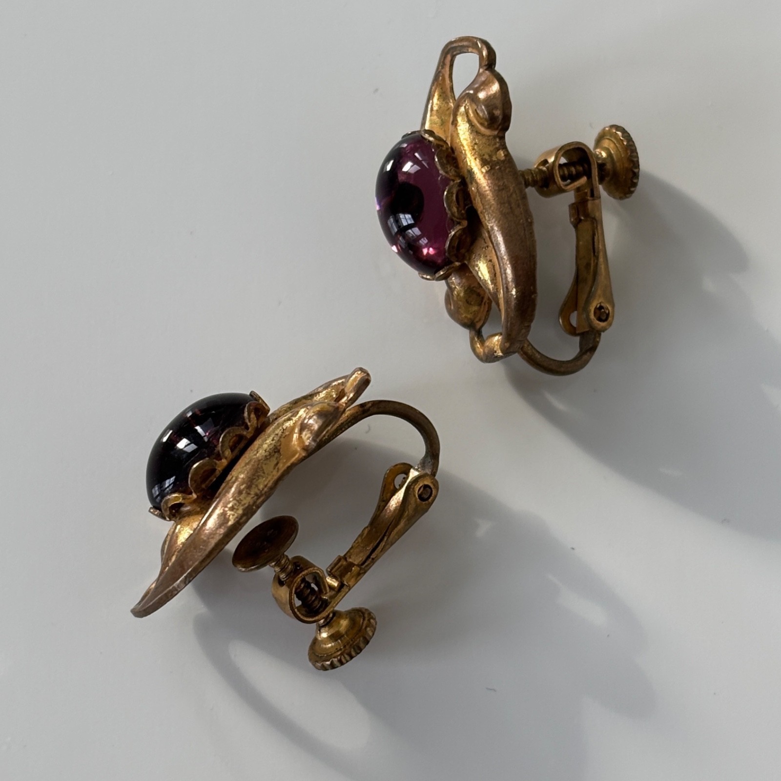 Vintage Miriam Haskell Earrings Signed Purple Pink Gripoix Glass Cabochon
