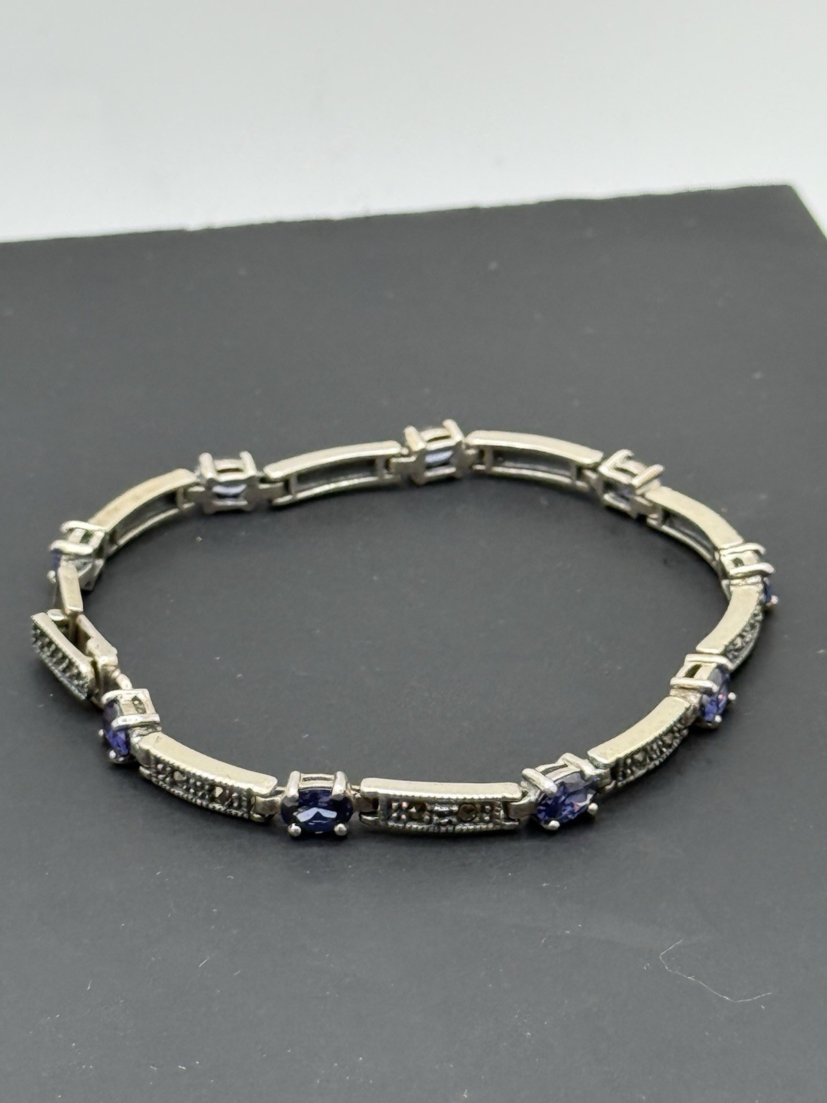 Vintage 925 CW Amethyst Marcasite Stone Panel Link Bracelet Sterling Silver 8”