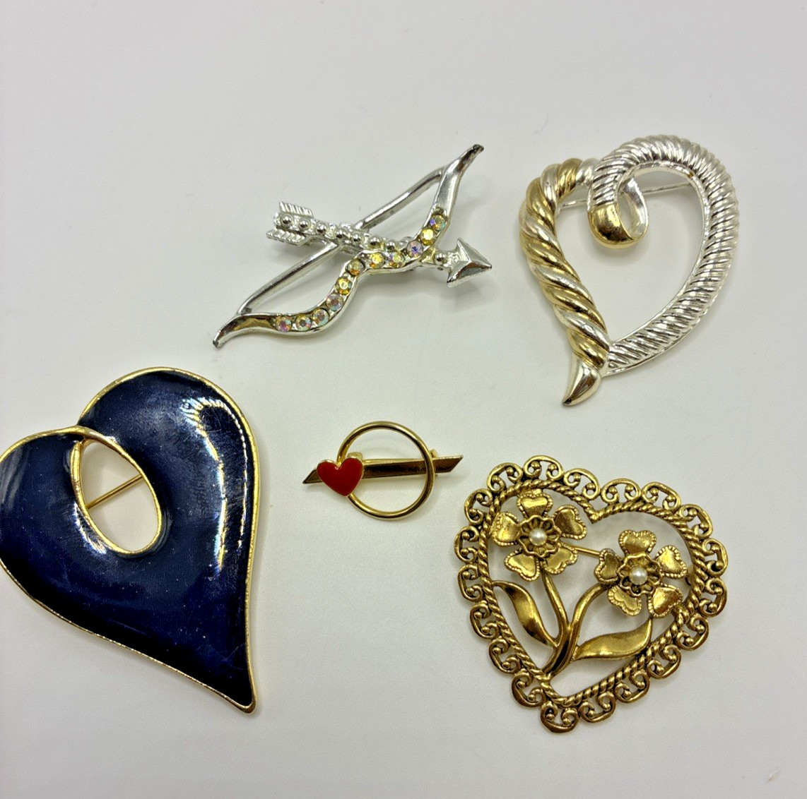 Brooch Lot Hearts Vintage Rhinestone Enamel Love Flowers Cottage Grandma Core