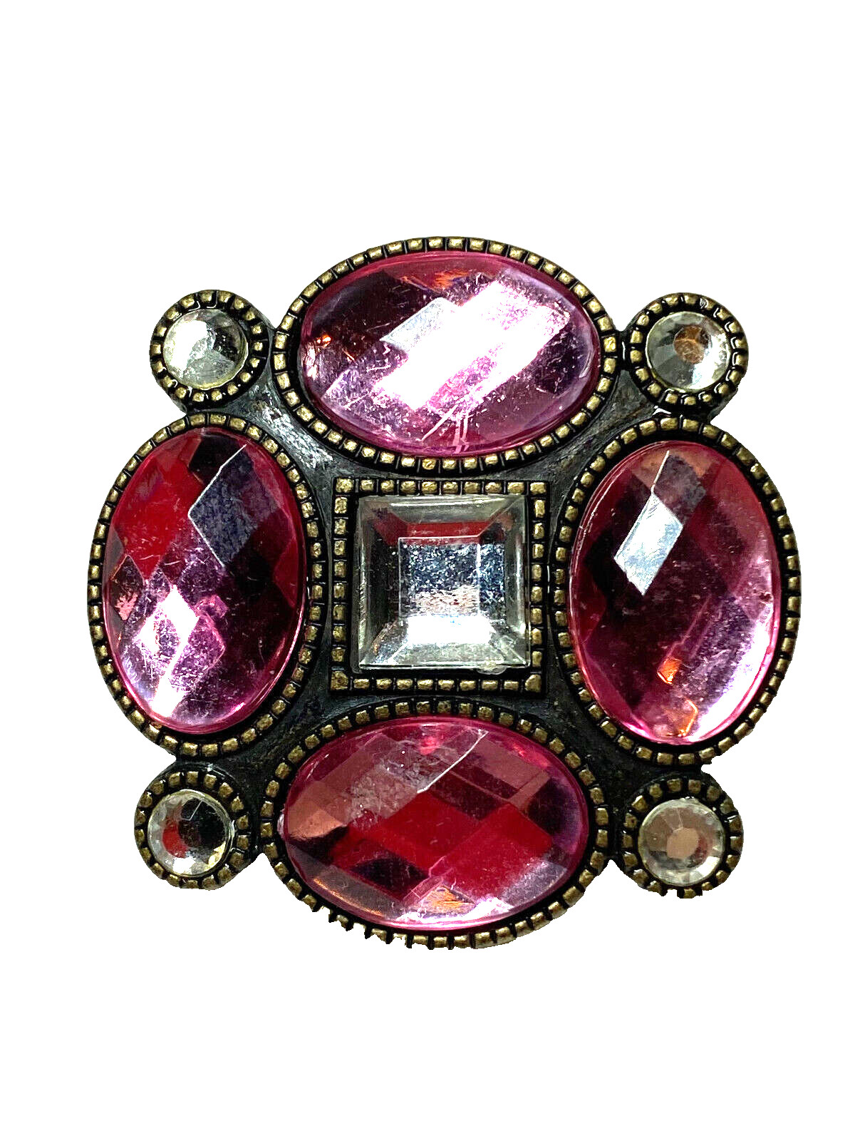 Antiqued Silver tone Pendant Brooch Pink Faceted Stones W/ Clear Simulated Gems