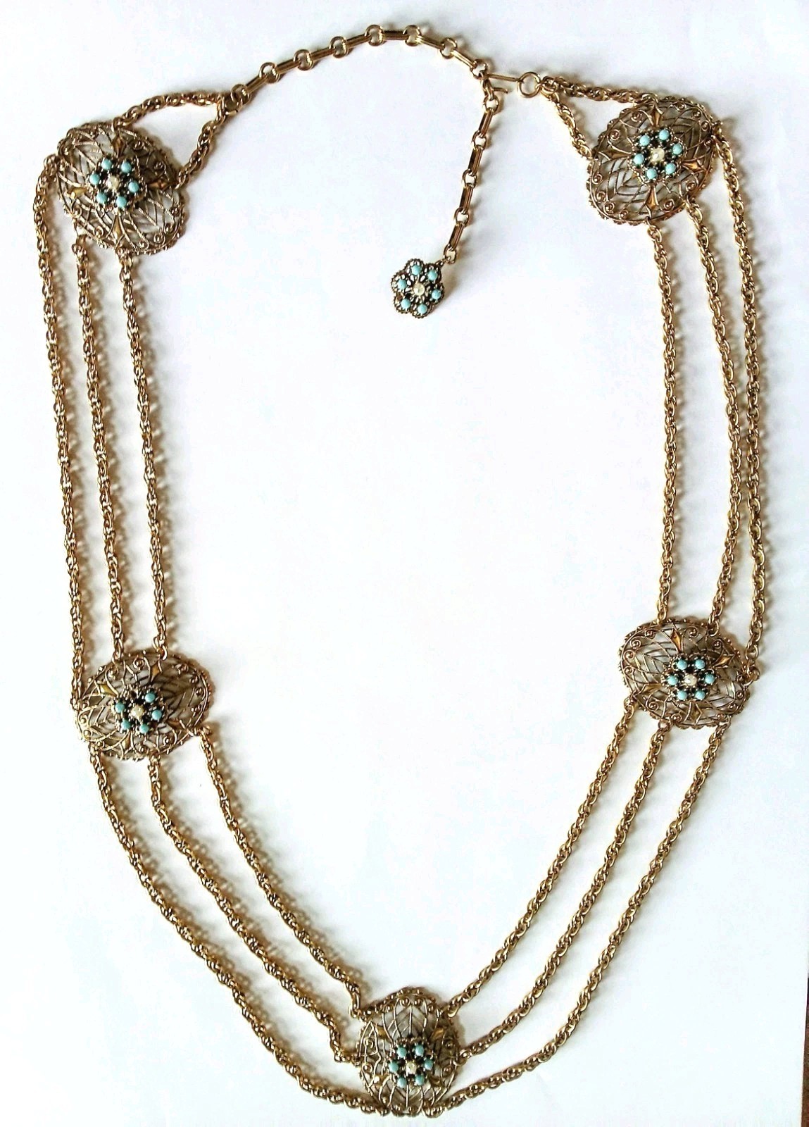 Vintage Gold Tone Chain With Faux Turquoise And Pearl Necklace Or Belt