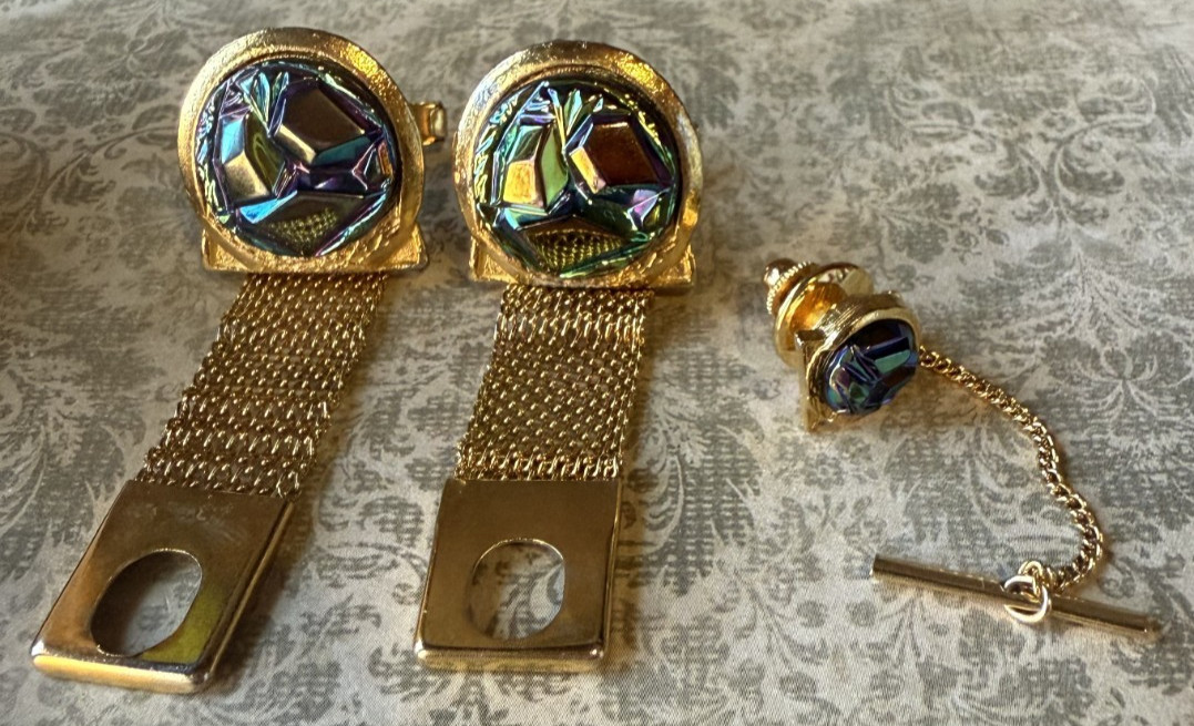 Vintage L.A. Rue Cuff Links & Tie Tack Set w/ Original Box Iridescent Mesh Clip