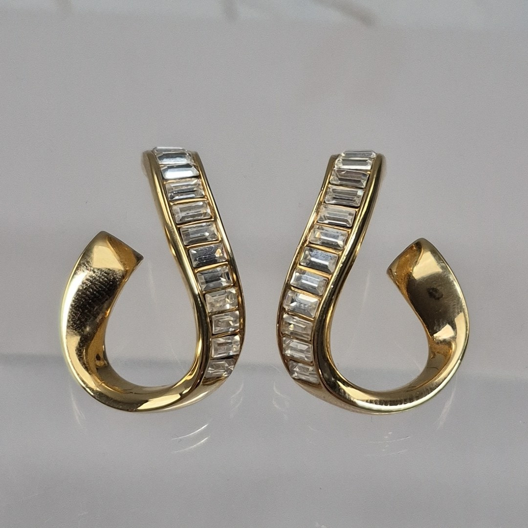 Vintage Swarovski Costume Yellow Gold Tone Crystal Bagguette Swoop Post Earrings