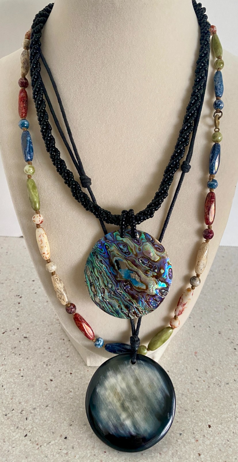 Lot of 3 Vintage Necklace Abalone Shell Picasso Bead Statement Necklaces Artisan