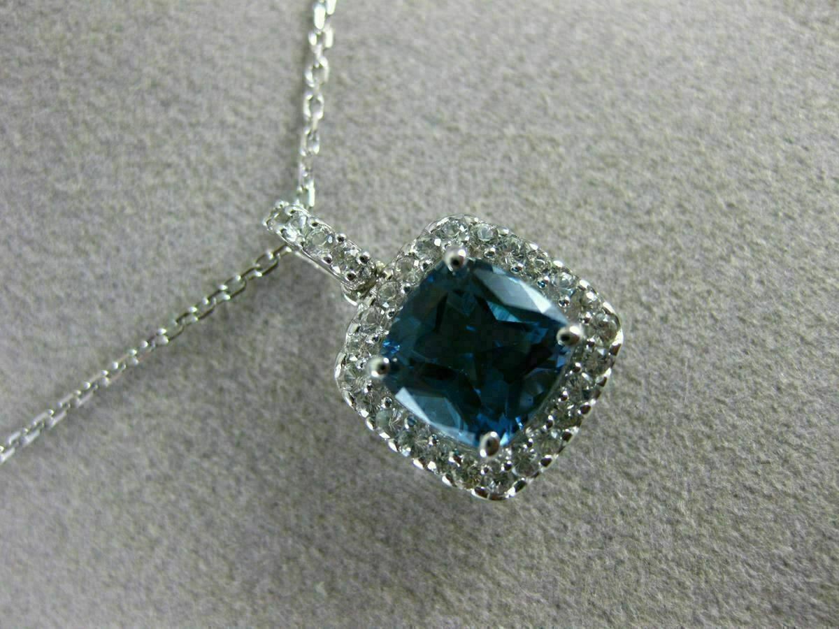 ESTATE 2.27CT AAA LONDON BLUE TOPAZ & WHITE SAPPHIRE 14K WHITE GOLD HALO PENDANT