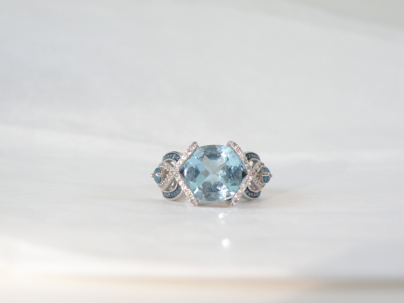 Vintage Style Sterling Silver 925 Natural Heated Blue Topaz Diamond Ring Size 6