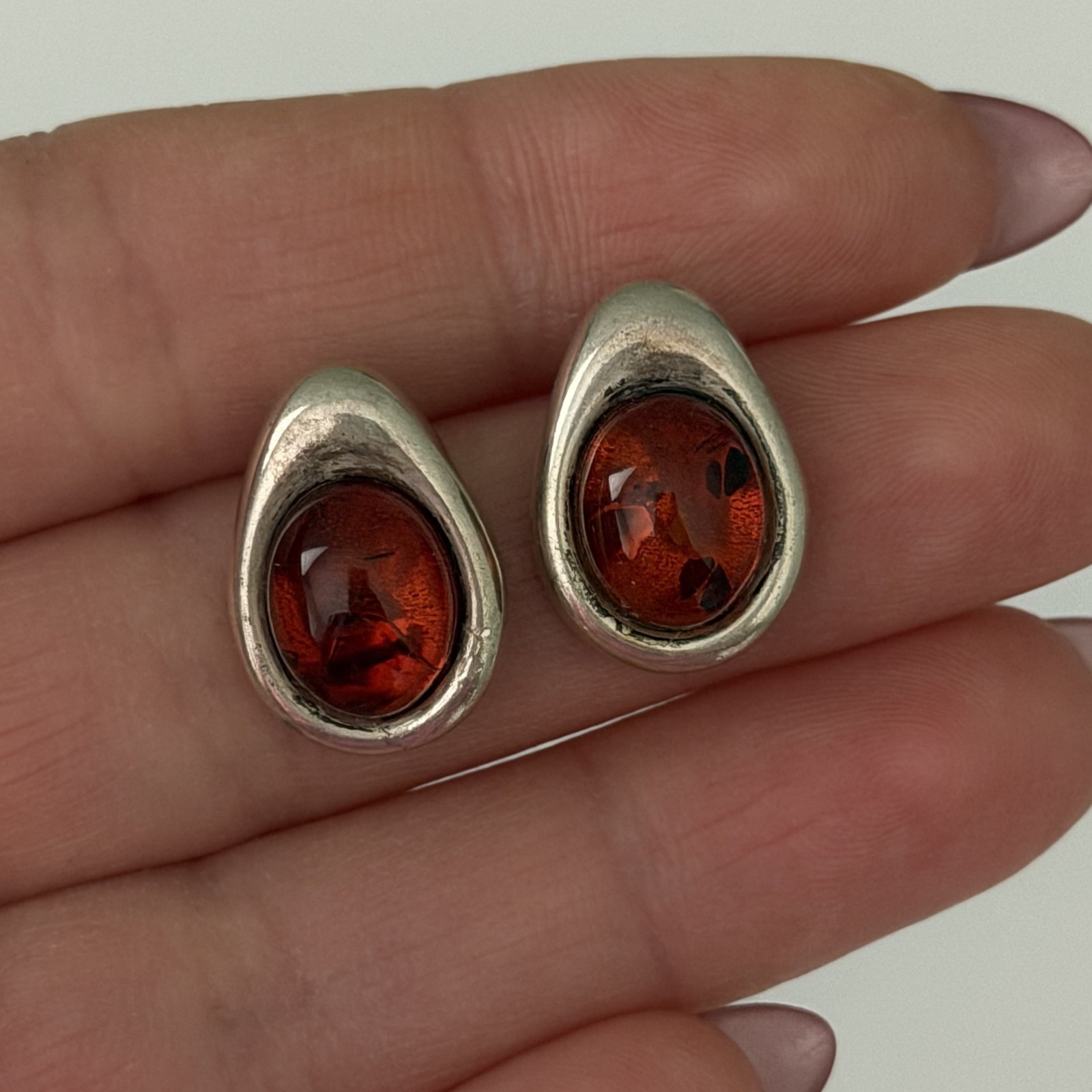 Vintage 925 Sterling Silver Natural Baltic Amber Cabochon Pear Post Earrings