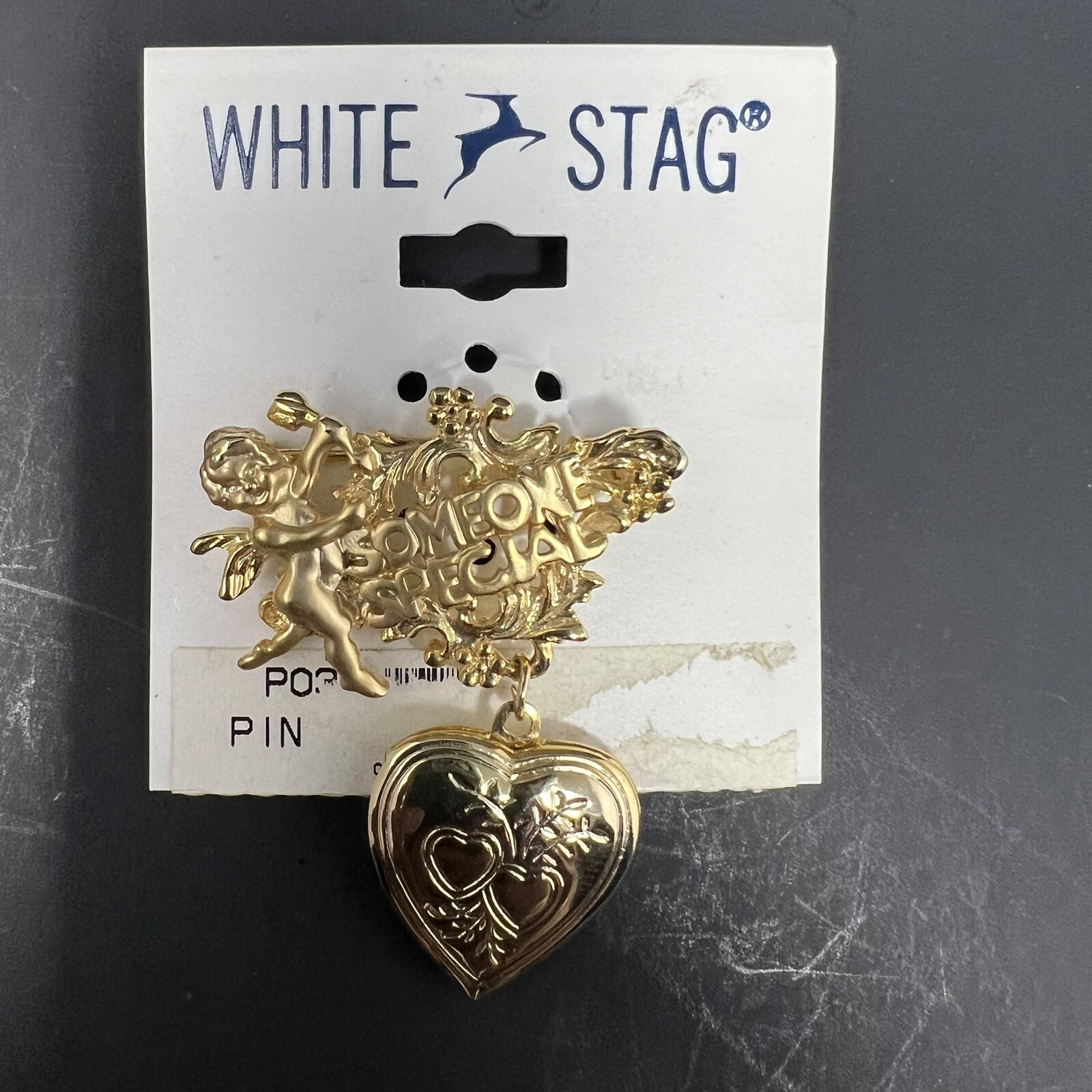 White Stag Pin with Heart Locket Gold Tone Cupid Someone Special