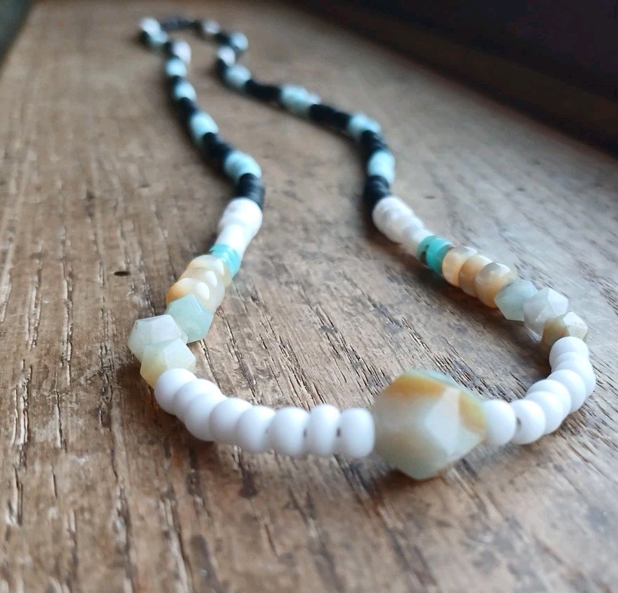 Amazonite River Shell Glass Bead Necklace Hemp Cord Hippie Boho Layering