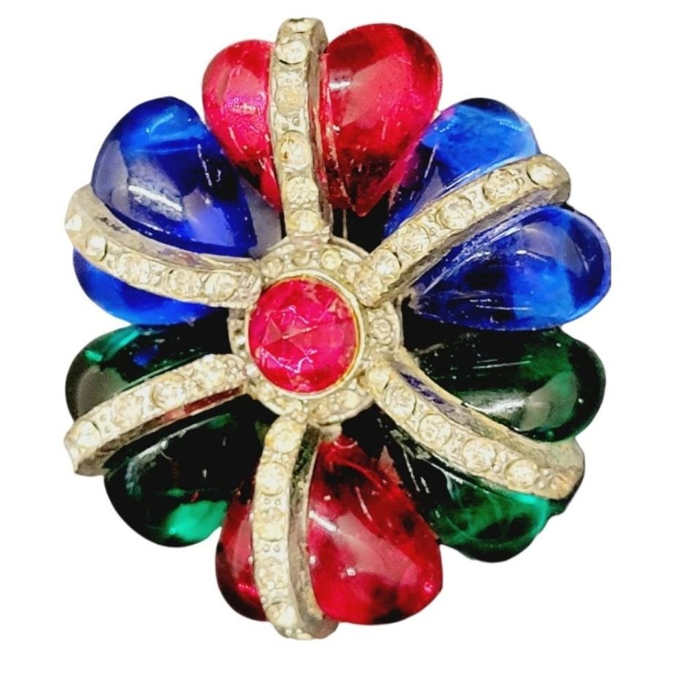 ANTIQUE ART NOUVEAU CZECH RED ART GLASS FUR DRESS CLIP / HEART SHAPED RHINESTONE