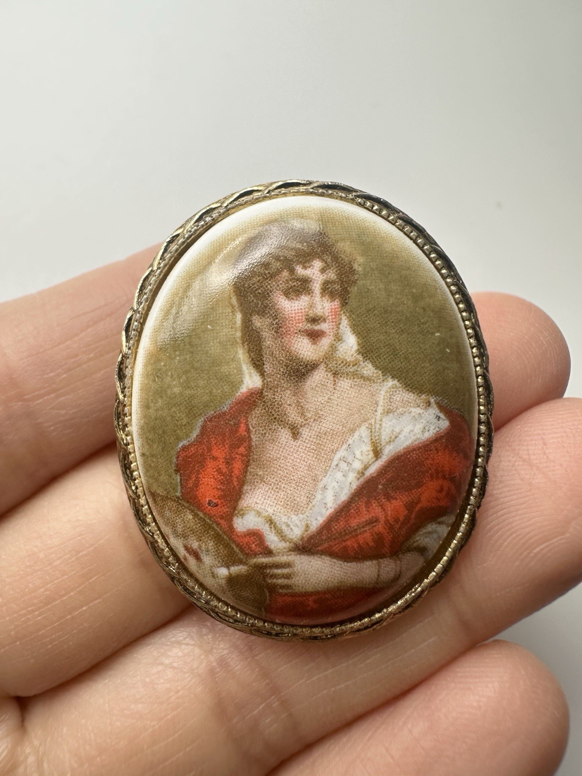 Vintage Hand Painted Portrait Of Lady Brooch Pin