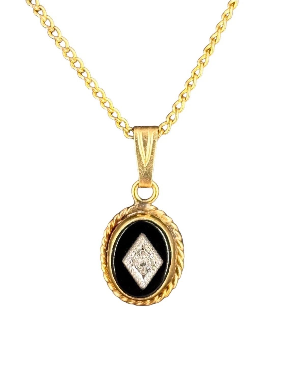 VTG Art Deco 14k Solid Gold Onyx Accent Diamond Pendant & 12k G. F. Necklace 18″
