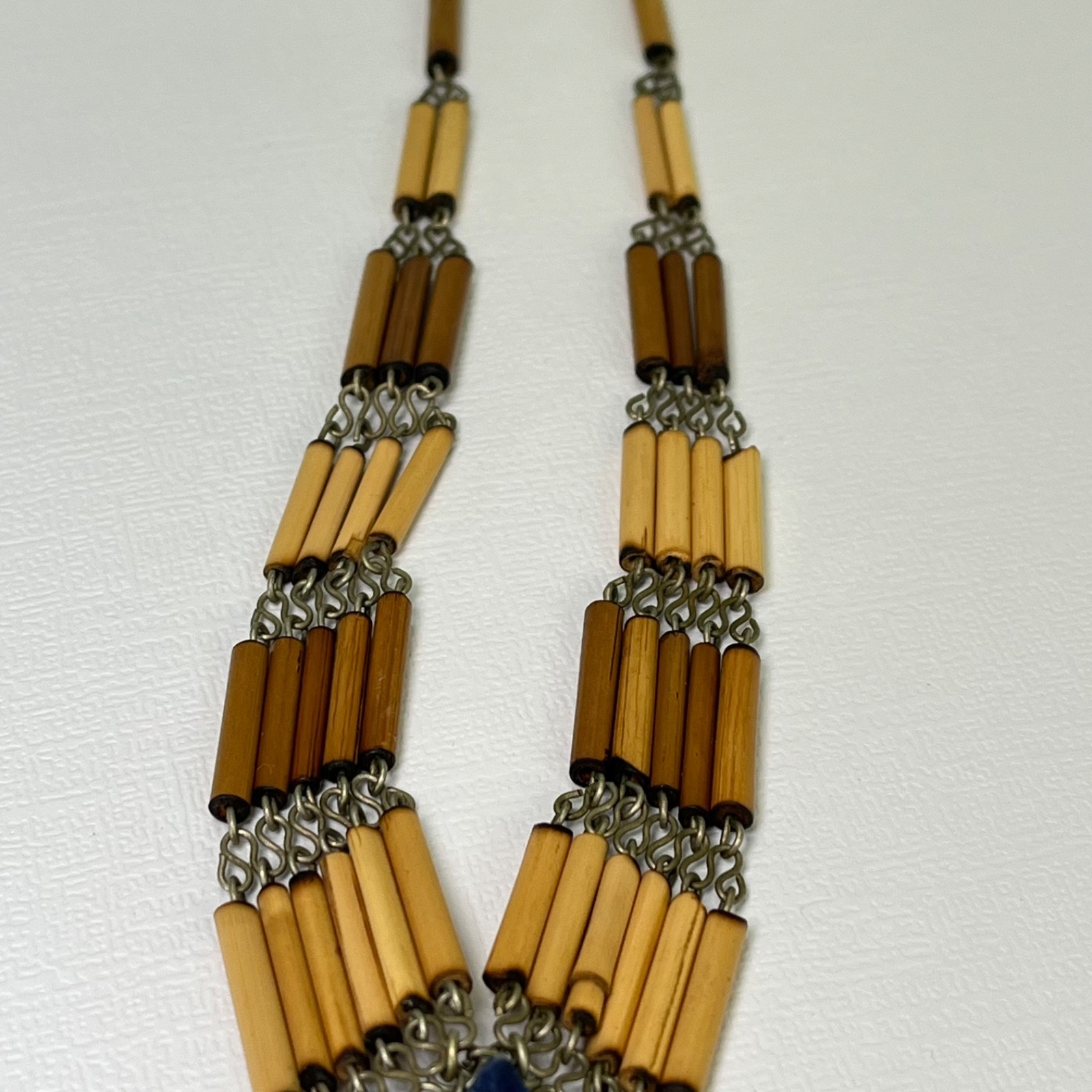 Vintage Boho Necklace Blue Stone Pendant Bamboo Bead Bib Statement 16”